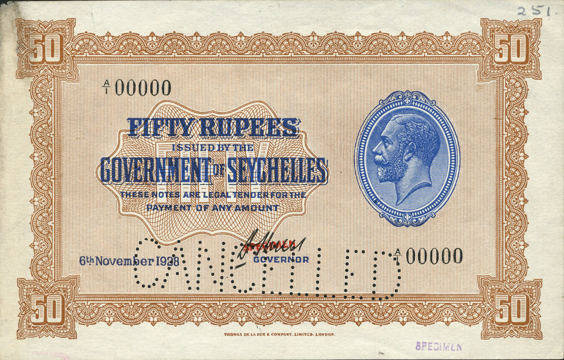  Horizontal purple SPECIMEN ovpt; horizontal CANCELLED perf; all-zero s/n 