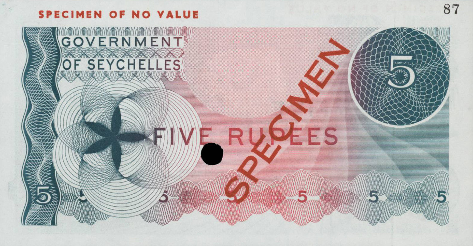  Blue-green; diagonal red SPECIMEN ovpt front/back; horizontal red SPECIMEN OF NO VALUE ovpt upper left front/back; no date; no sig; no s/n 