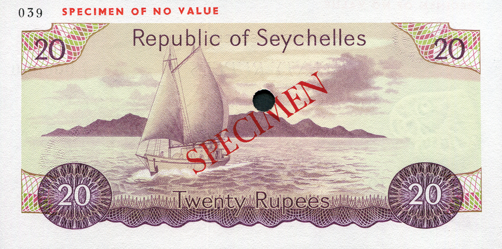  Diagonal red SPECIMEN ovpt front/back; horizontal red SPECIMEN OF NO VALUE ovpt upper left front/back; horizontal black # ovpt upper left back; all-zero s/n 