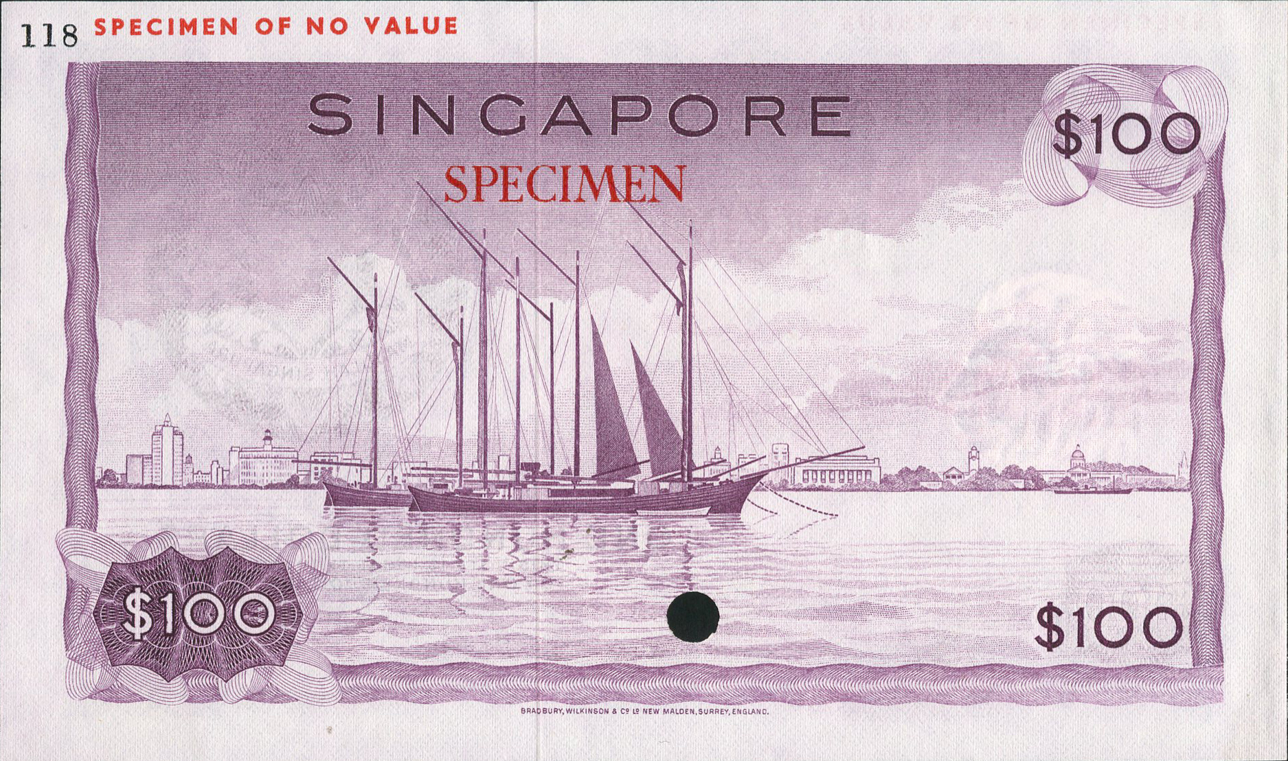  Mauve and blue reversed; horizontal red SPECIMEN OF NO VALUE ovpt upper left front/back; no sig ; no s/n 
