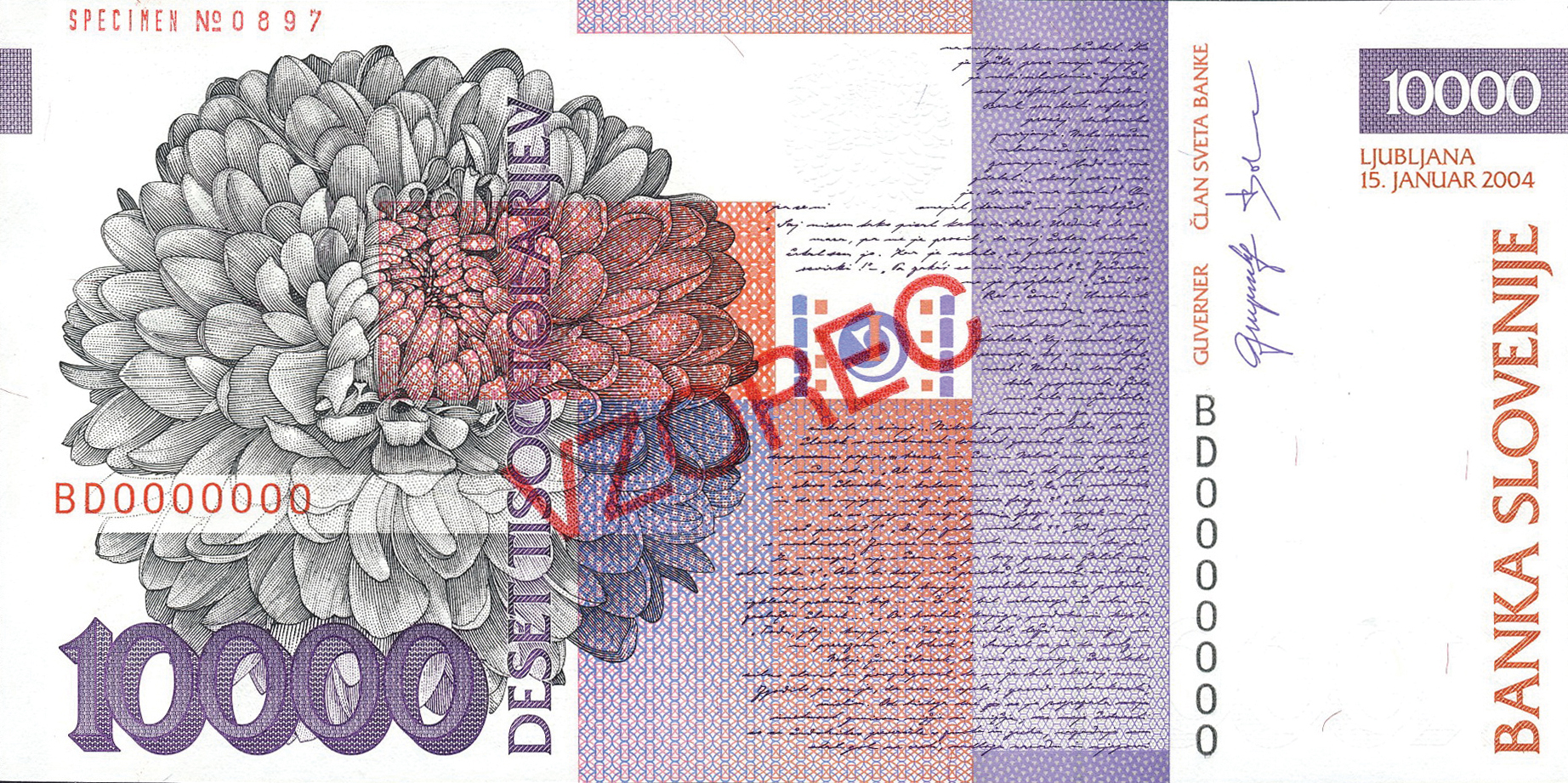  Diagonal red SPECIMEN ovpt front; diagonal red VZOREC ovpt back; horizontal red SPECIMEN NO # ovpt upper left back 