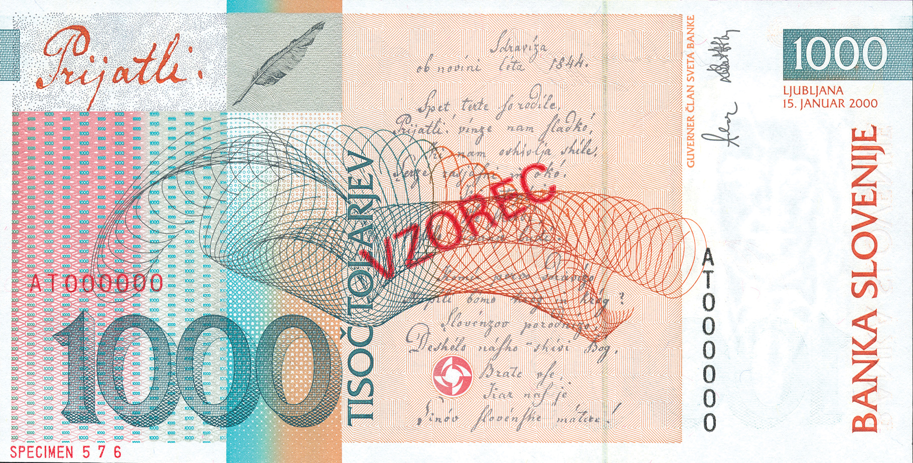  Diagonal red SPECIMEN ovpt front; diagonal red VZOREC ovpt back; horizontal red SPECIMEN # ovpt lower left back 