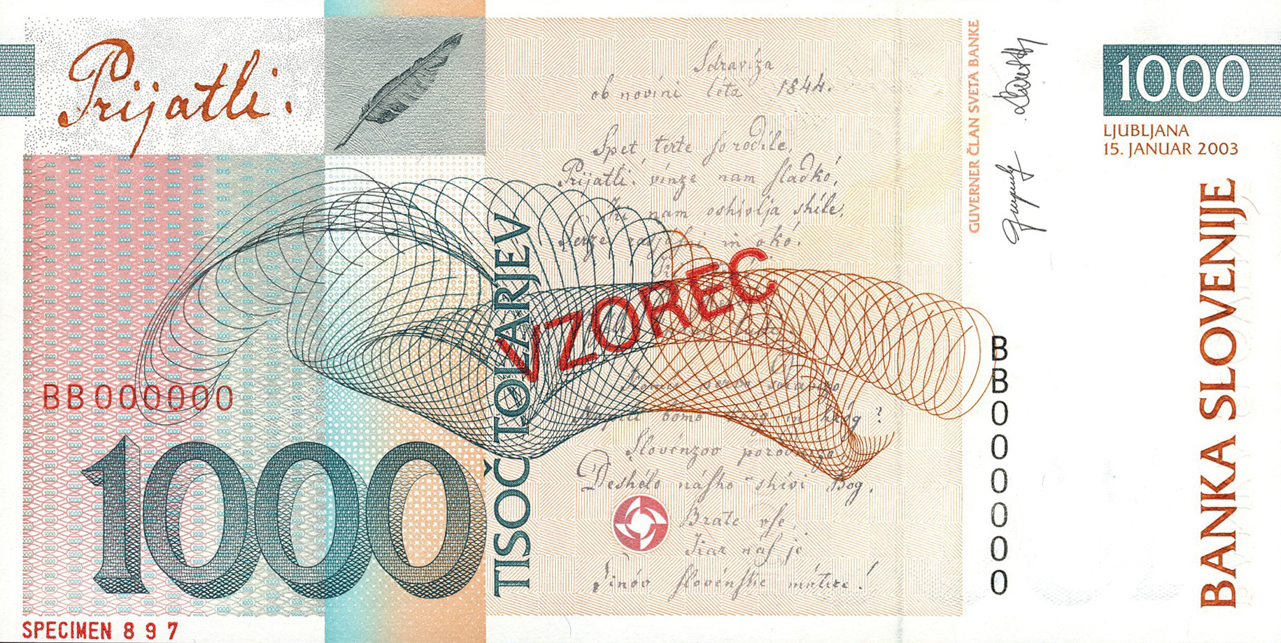  Diagonal red SPECIMEN ovpt front; diagonal red VZOREC ovpt back; horizontal red SPECIMEN # ovpt lower left back 