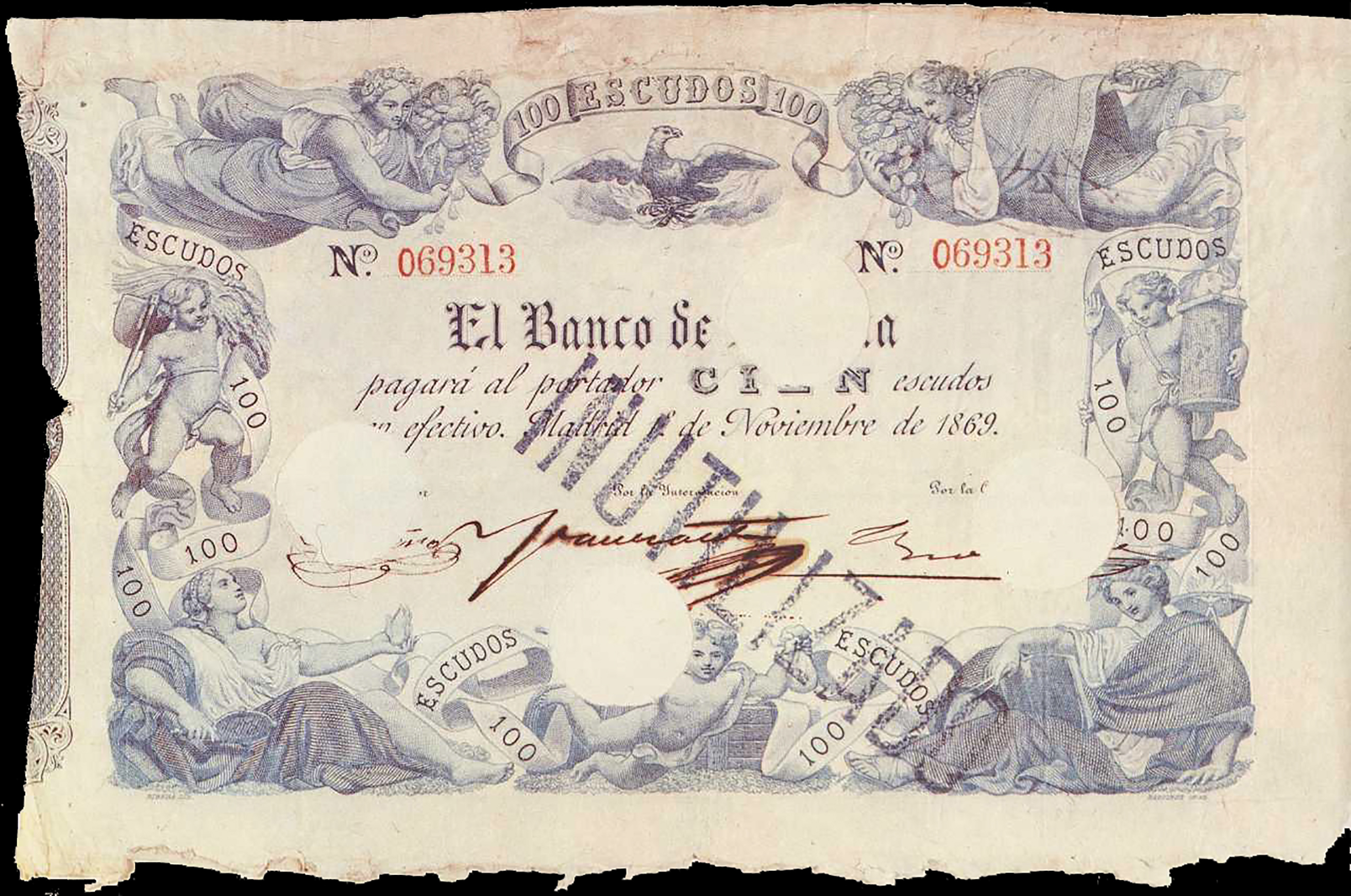  1o de Noviembre de 1869 Sig Cantero and handwritten 50,000 notes 