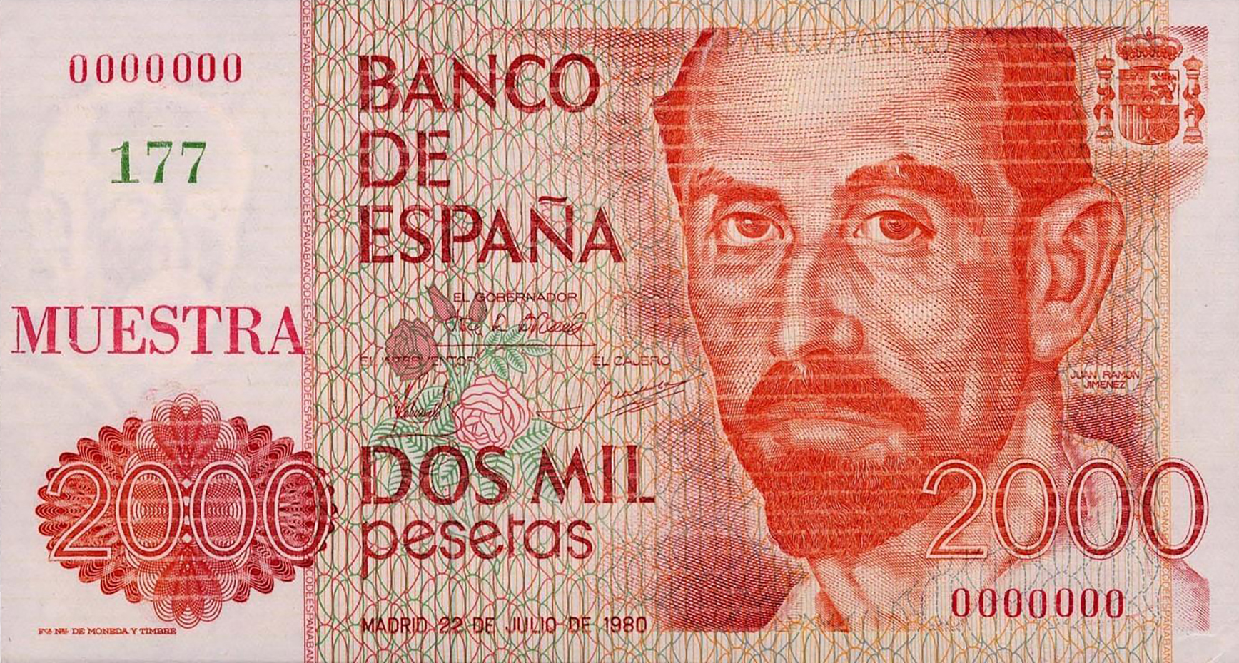  Horizontal red MUESTRA ovpt front; horizontal green # ovpt front; all-zero s/n 