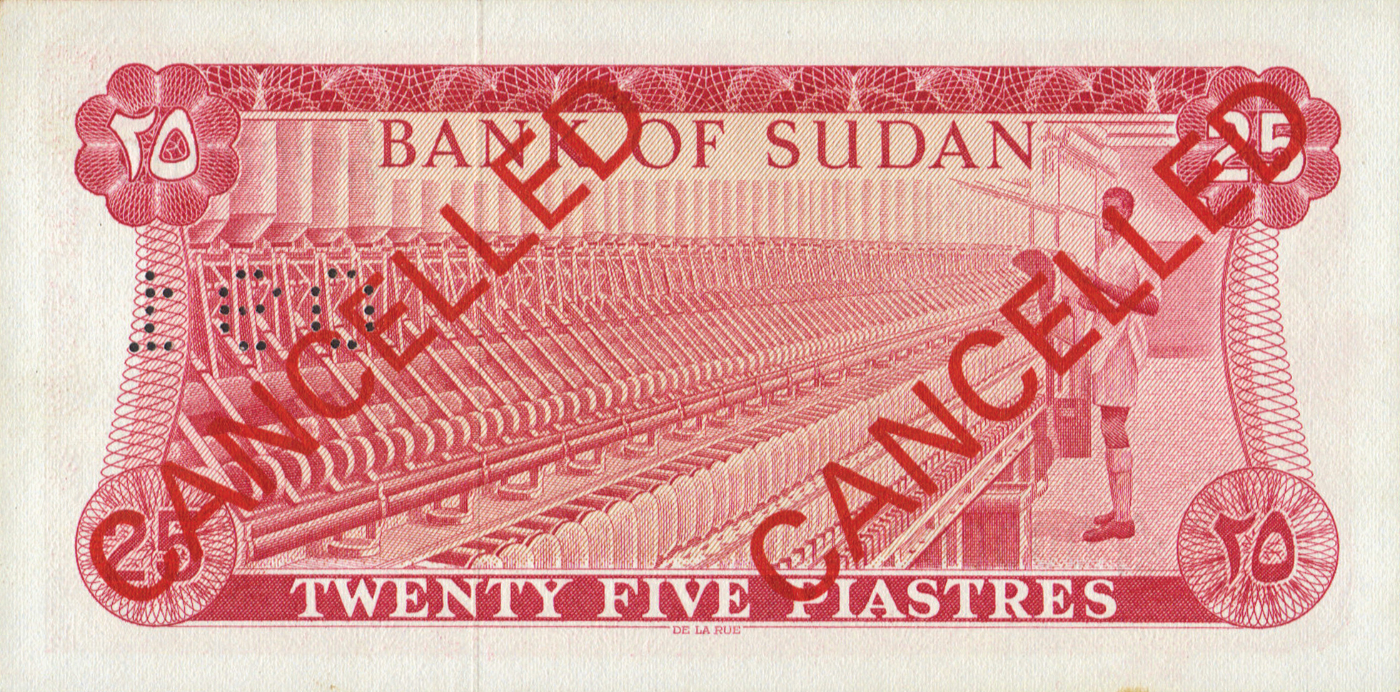  Two diagonal red CANCELLED ovpts front/back; horizontal # perf; all-zero s/n 