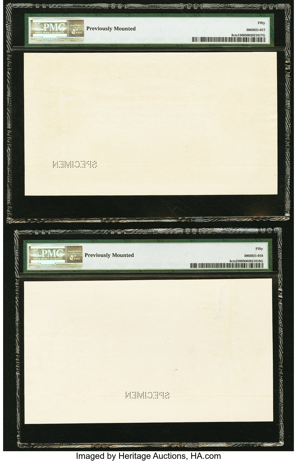  Brown; separate uniface front/back; horizontal SPECIMEN perf; no date; no sig ; no s/n 