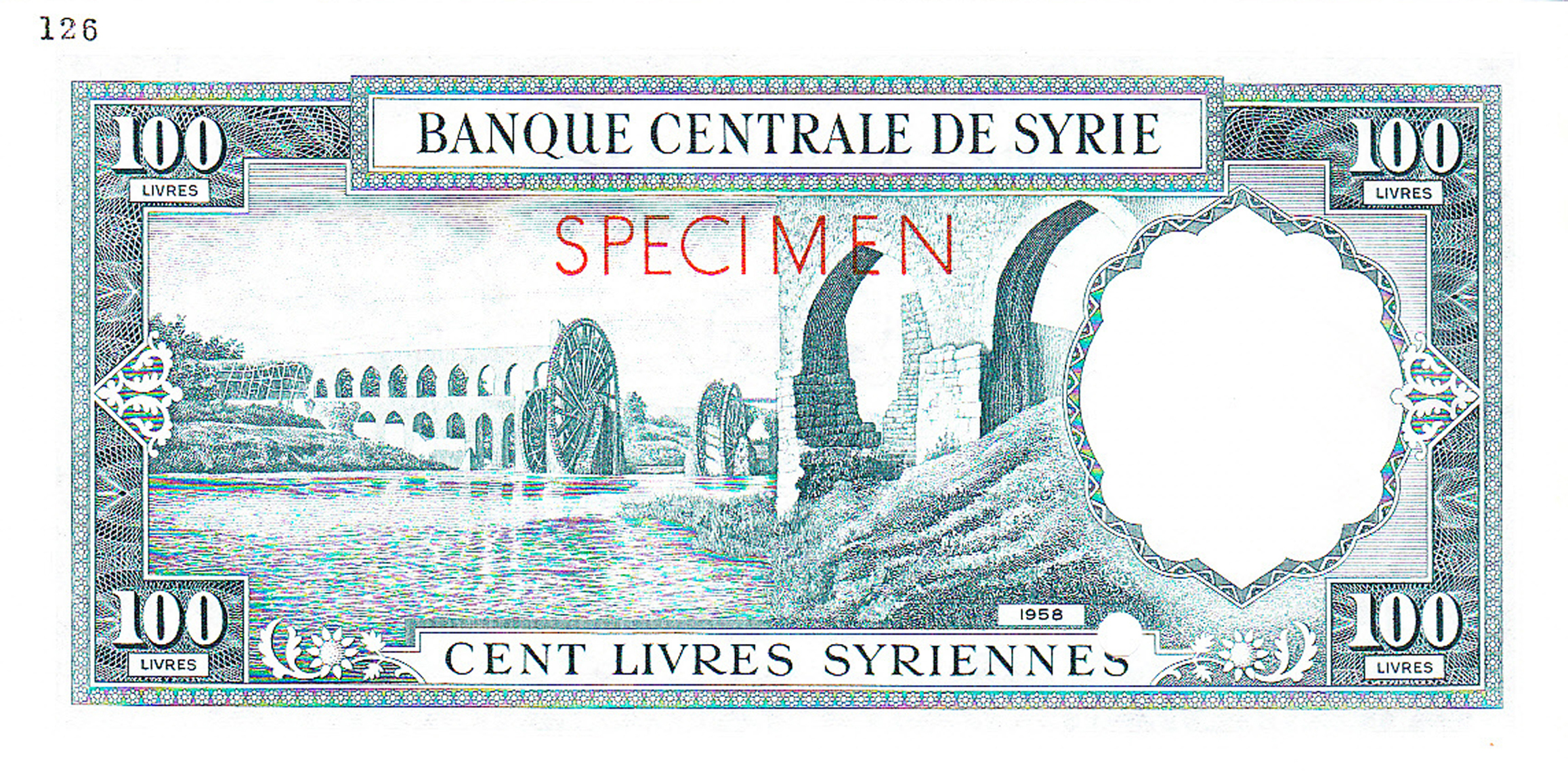  Gray, purple, and aqua; horizontal red SPECIMEN ovpt front/back; horizontal black # ovpt upper left back; no s/n 