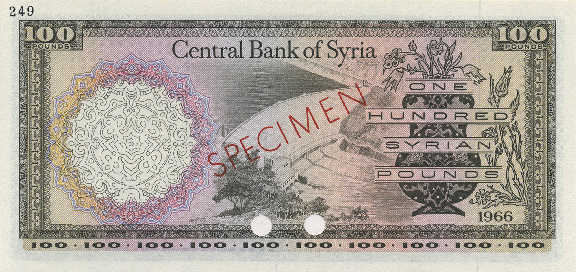  Aqua, purple, and brown; diagonal red SPECIMEN ovpt front/back; horizontal black # ovpt upper left back; all-zero s/n 