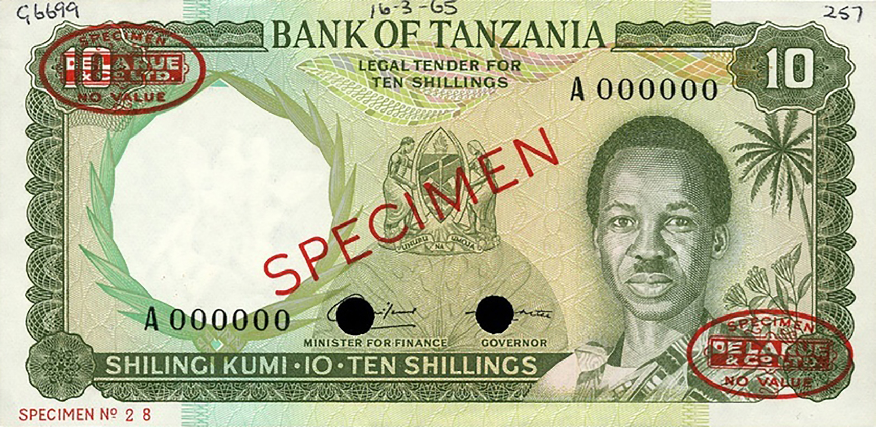  Diagonal red SPECIMEN and DLR oval ovpts; horizontal red SPECIMEN NO # ovpt lower left front; all-zero s/n 