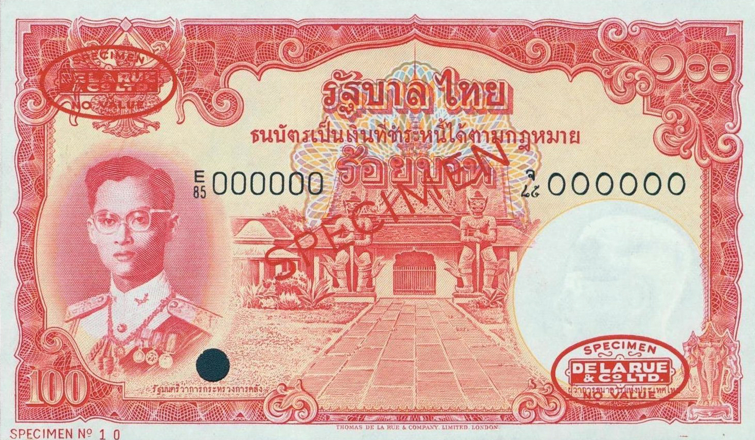  Diagonal red SPECIMEN and DLR oval ovpts front/back; horizontal red SPECIMEN No # ovpt lower left front; no sigs; all-zero s/n 