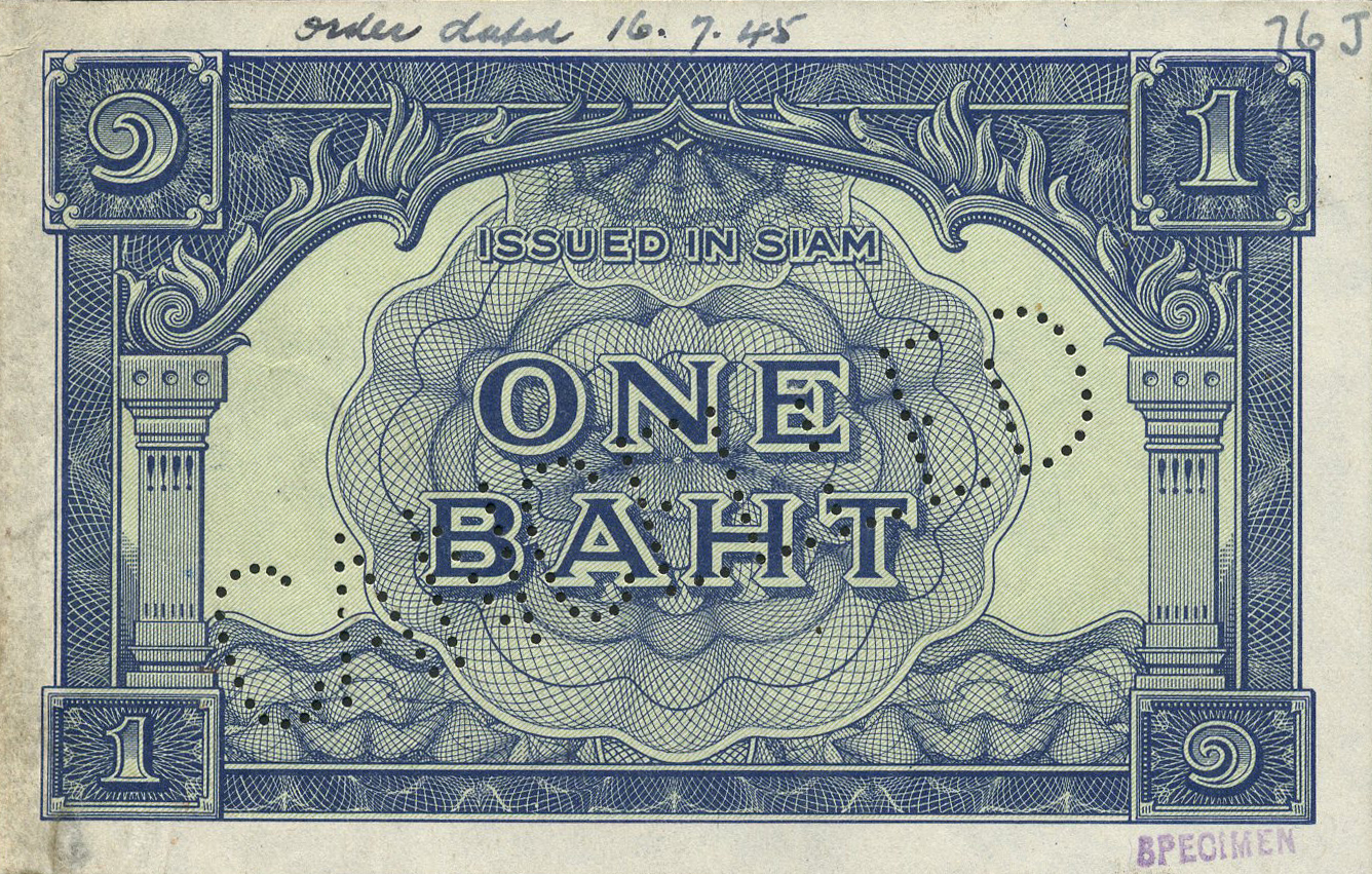  Horizontal purple SPECIMEN ovpt lower right; diagonal CANCELLED perf; no Thai ovpts; no s/n 