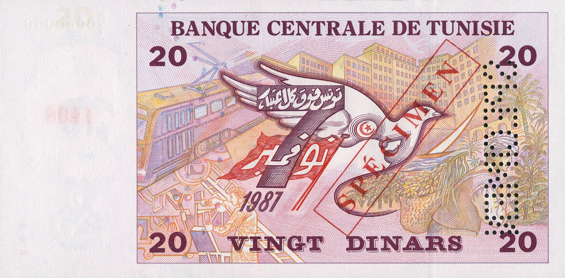  Diagonal red boxed SPÉCIMEN ovpt front/back; vertical SPECIMEN perf; horizontal red # ovpt on watermark area; all-zero s/n 