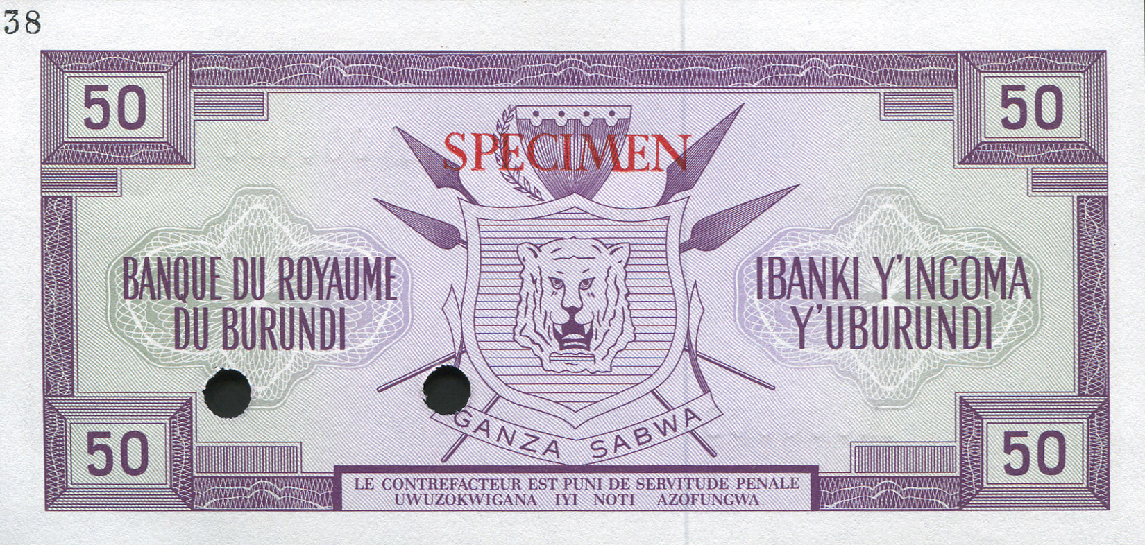  Purple; horizontal red SPECIMEN ovpt front/back; horizontal black # ovpt upper left back; all-zero s/n 