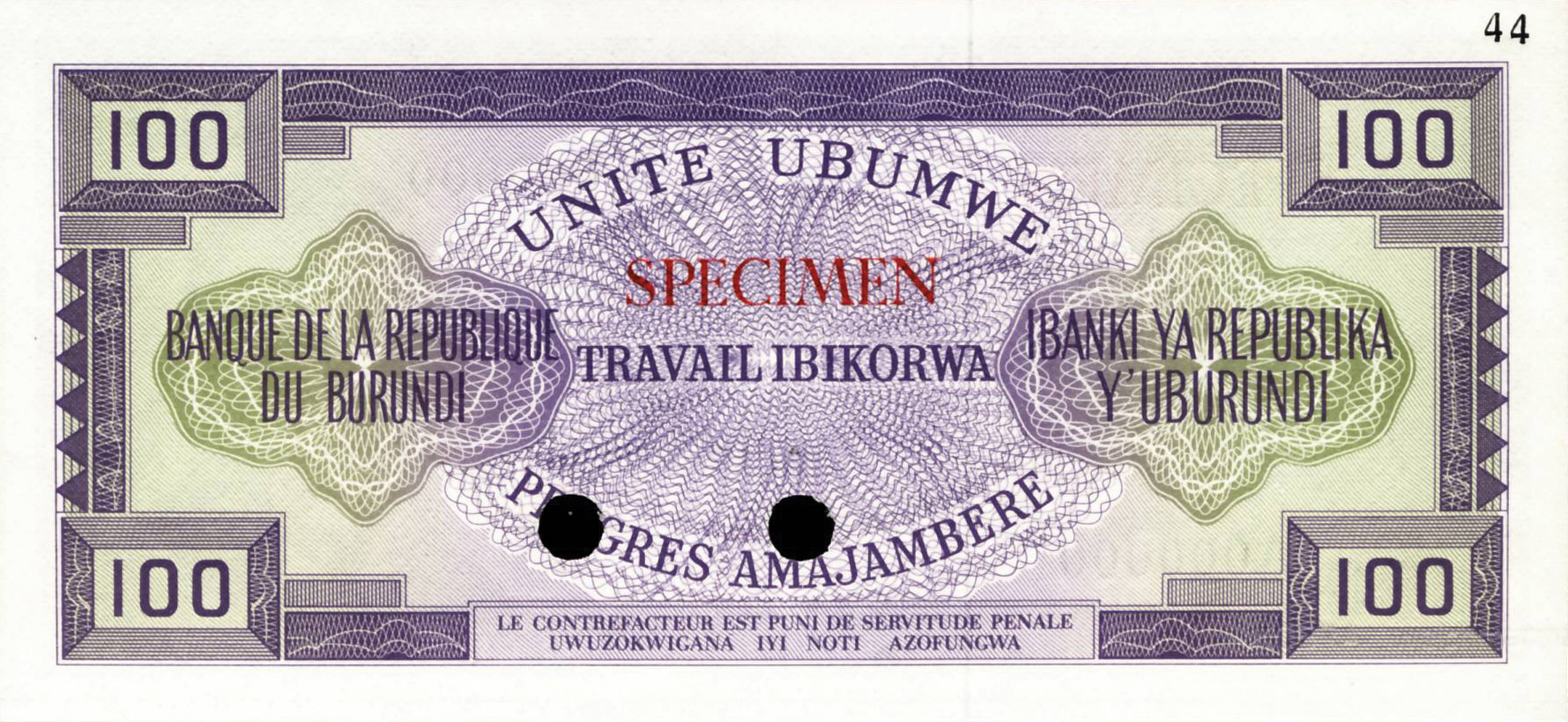  Purple; horizontal red SPECIMEN ovpt front/back; horizontal black # ovpt upper right back; all-zero s/n 