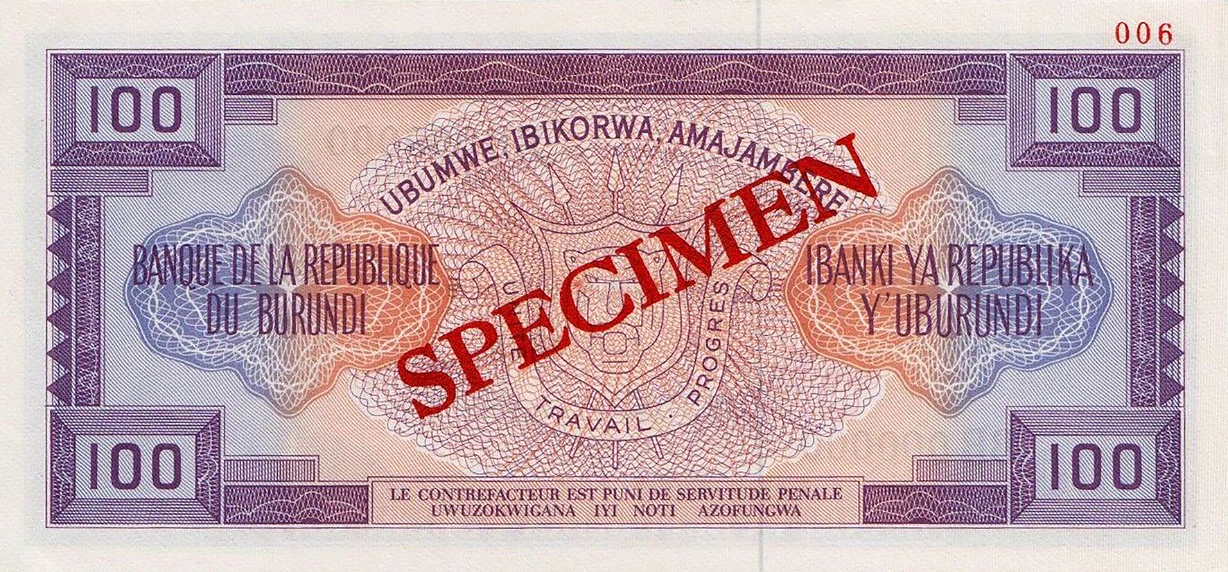  Diagonal red SPECIMEN ovpt front/back; horizontal red # ovpt upper right back; all-zero s/n 