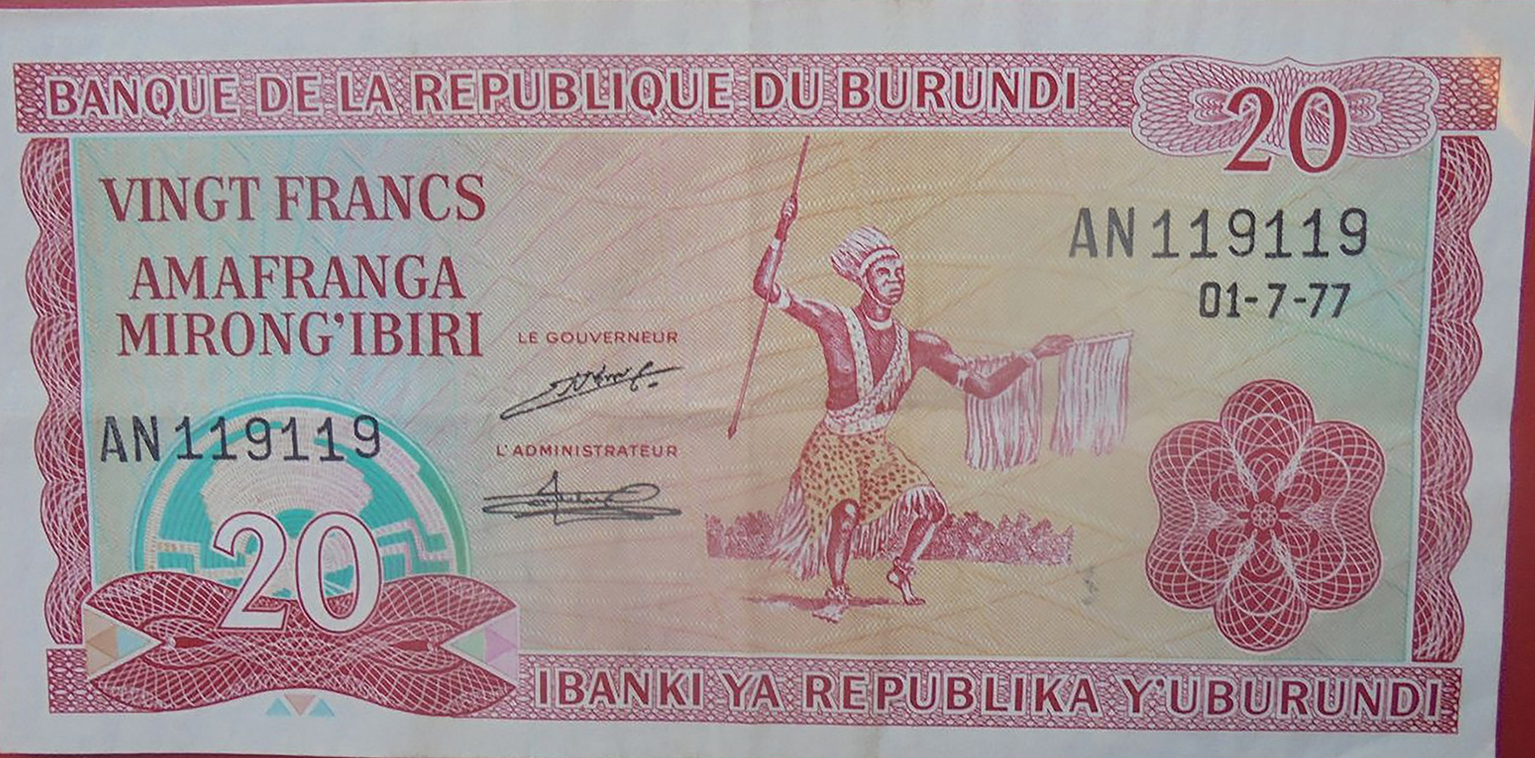  01-7-77 Sig 6: Mbabarempore/Ntahonikora Wmk: BANQUE DE LA REPUBLIQUE DU BURUNDI pattern Prefix AC - AN 