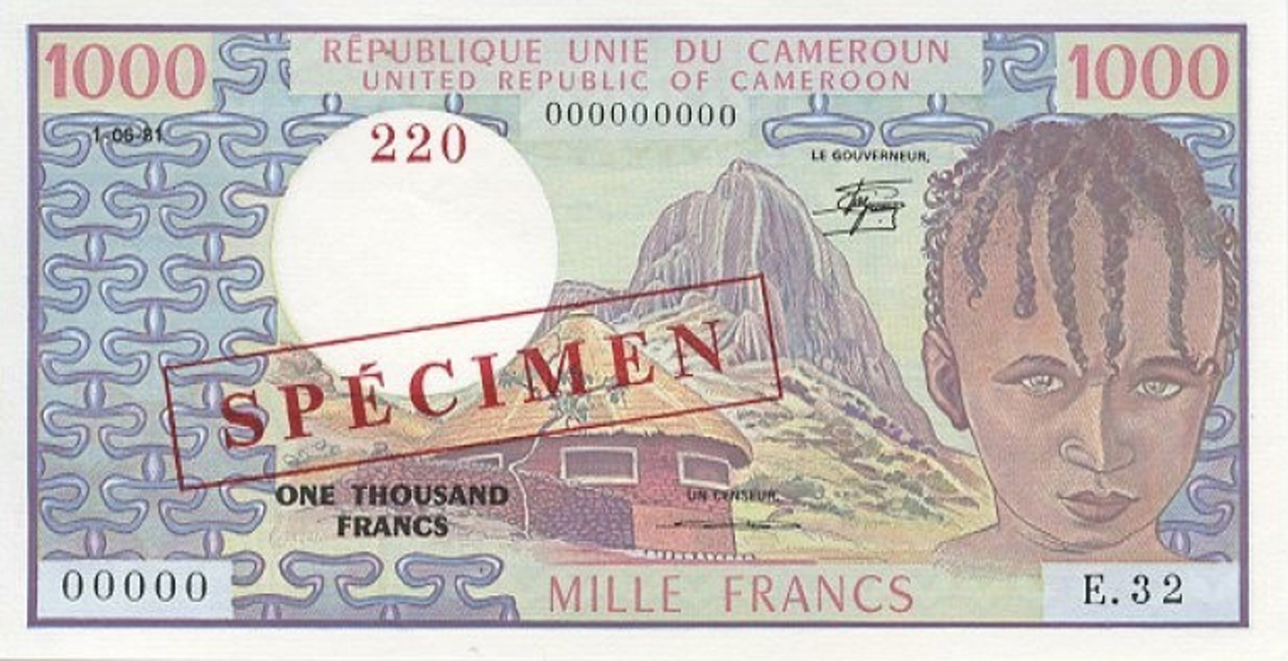  Diagonal red boxed SPÉCIMEN ovpt front; horizontal red # ovpt upper center front; all-zero s/n 