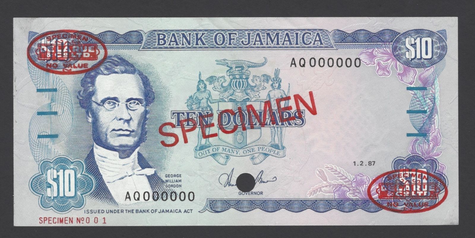  Diagonal red SPECIMEN and DLR oval ovpts; horizontal red SPECIMEN NO # ovpt lower left; all-zero s/n 