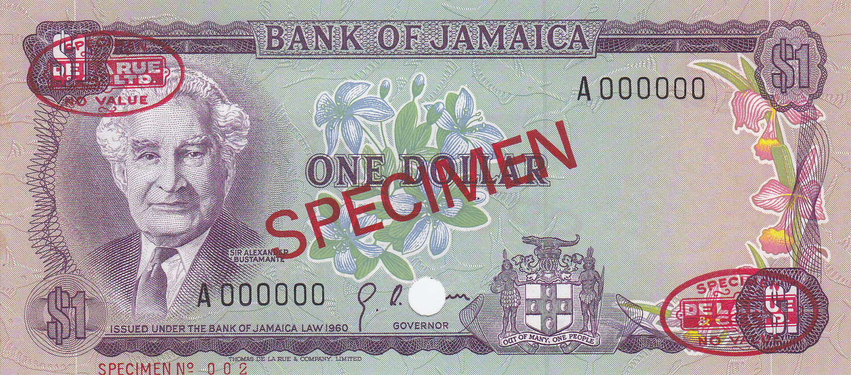  Diagonal red SPECIMEN and DLR oval ovpts; horizontal red SPECIMEN NO # ovpt lower left; all-zero s/n 