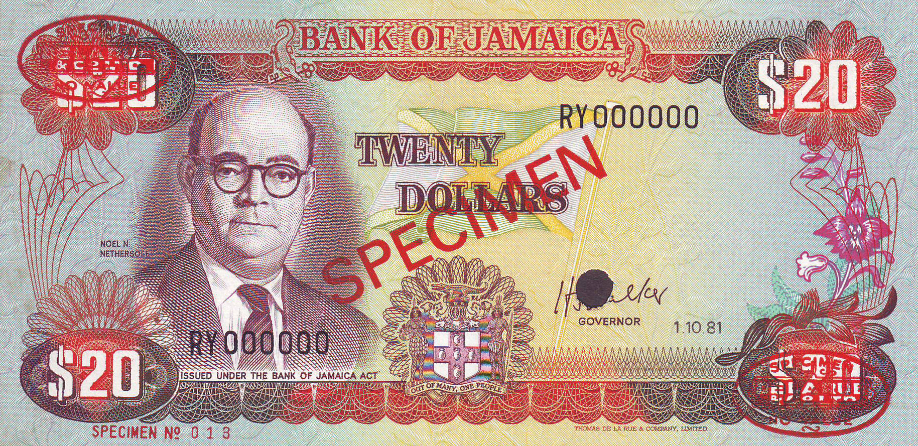  Diagonal red SPECIMEN and DLR oval ovpts; horizontal red SPECIMEN NO # ovpt lower left; all-zero s/n 