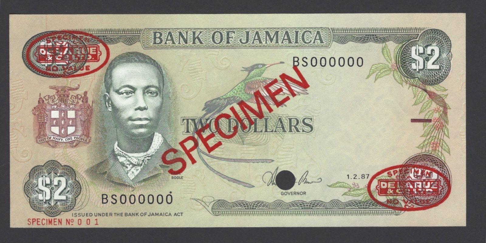  Diagonal red SPECIMEN and DLR oval ovpts; horizontal red SPECIMEN NO # ovpt lower left; all-zero s/n 