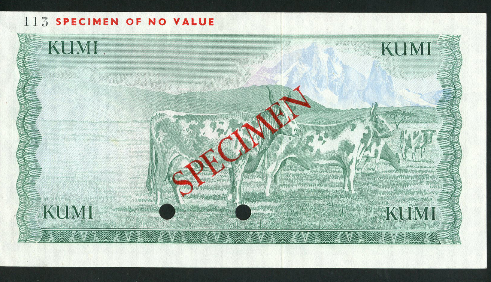  Horizontal red SPECIMEN ovpt front/back; horizontal red SPECIMEN OF NO VALUE ovpt upper left front/back; horizontal black # ovpt upper left back; no date; no sig ; all-zero s/n 