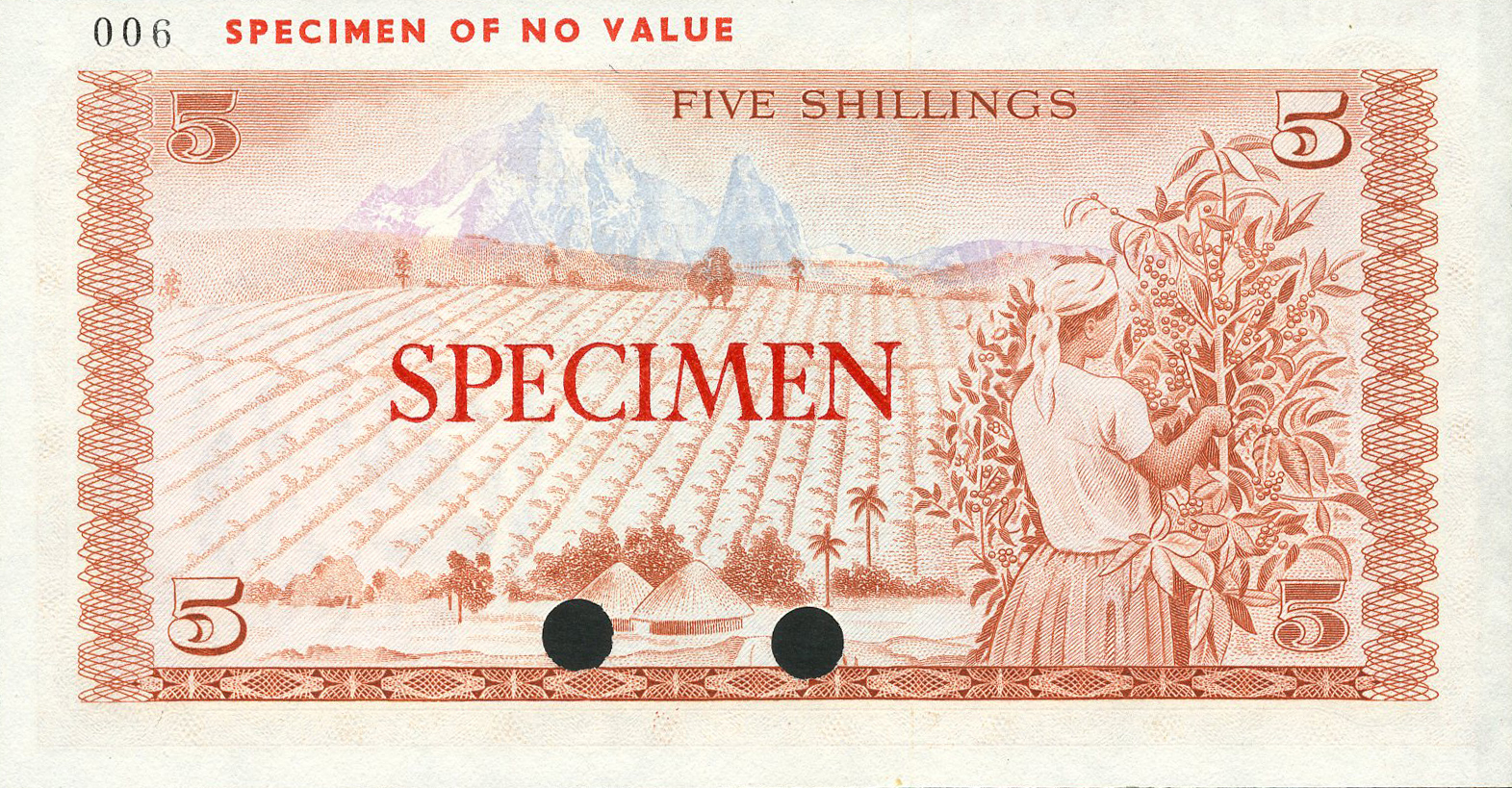  Horizontal red SPECIMEN ovpt front/back; horizontal red SPECIMEN OF NO VALUE ovpt upper left front/back; horizontal black # ovpt upper left back; no date; no sig ; no s/n 