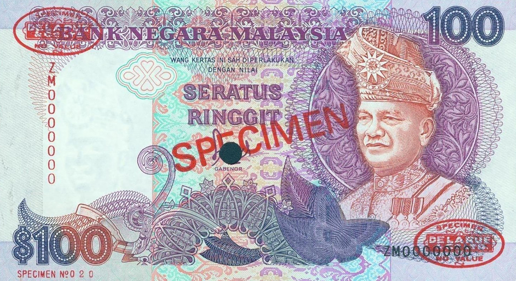  Diagonal red SPECIMEN and DLR oval ovpts front/back; horizontal red SPECIMEN No # lower left front; all-zero s/n 