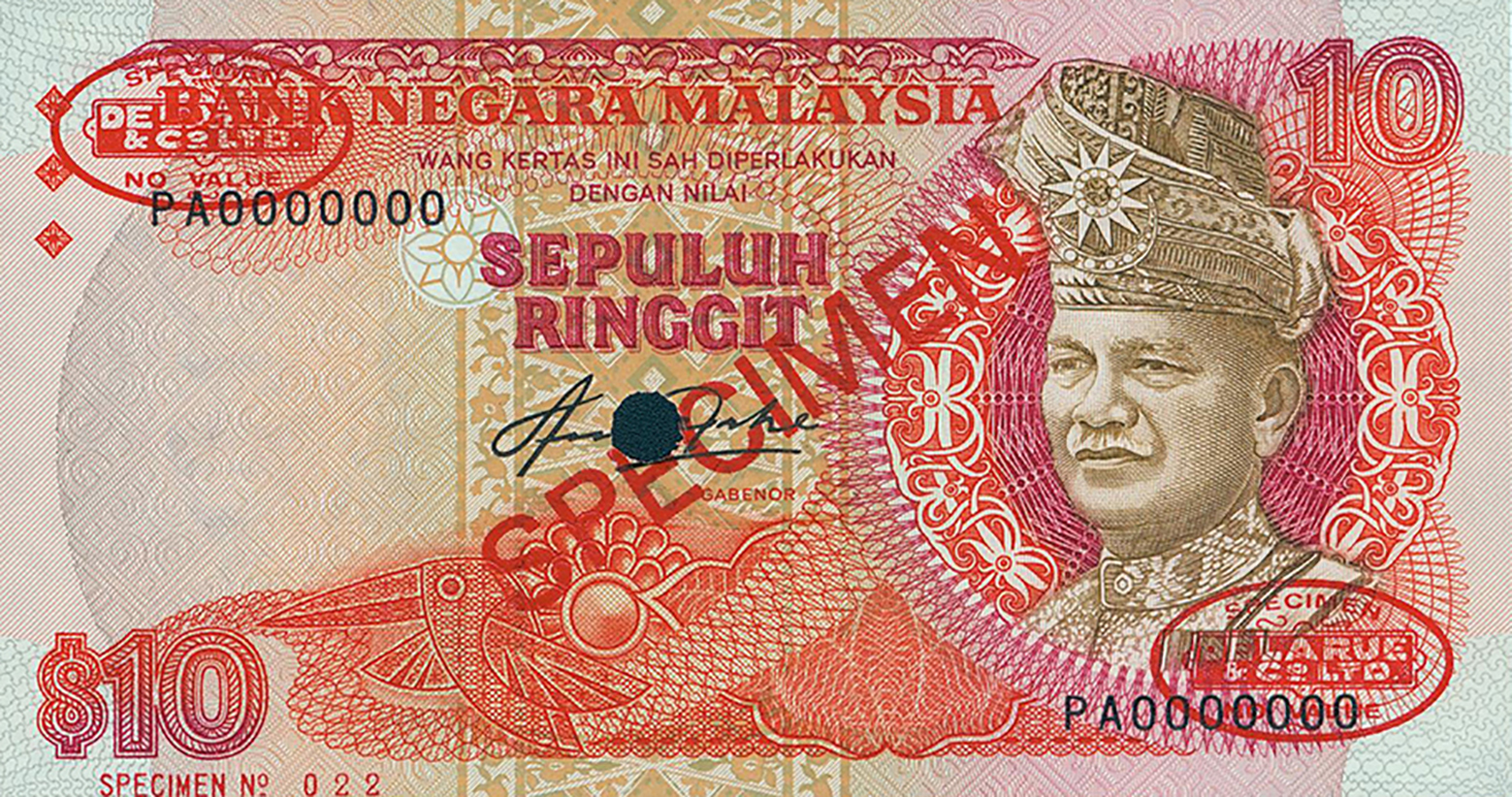  Diagonal red SPECIMEN and DLR oval ovpts front/back; horizontal red SPECIMEN No # lower left front; all-zero s/n 