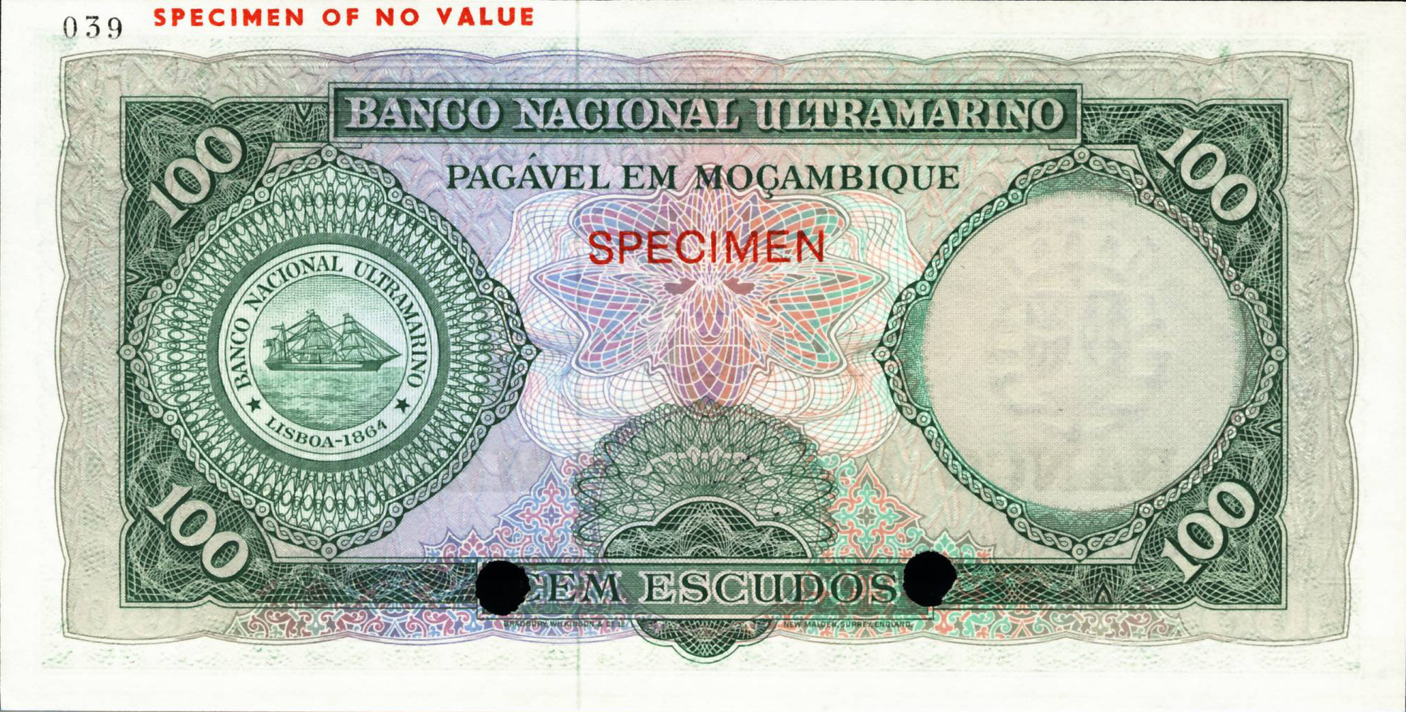  Horizontal red SPECIMEN ovpt front/back; horizontal red SPECIMEN OF NO VALUE ovpt upper left front/back; all-zero s/n 