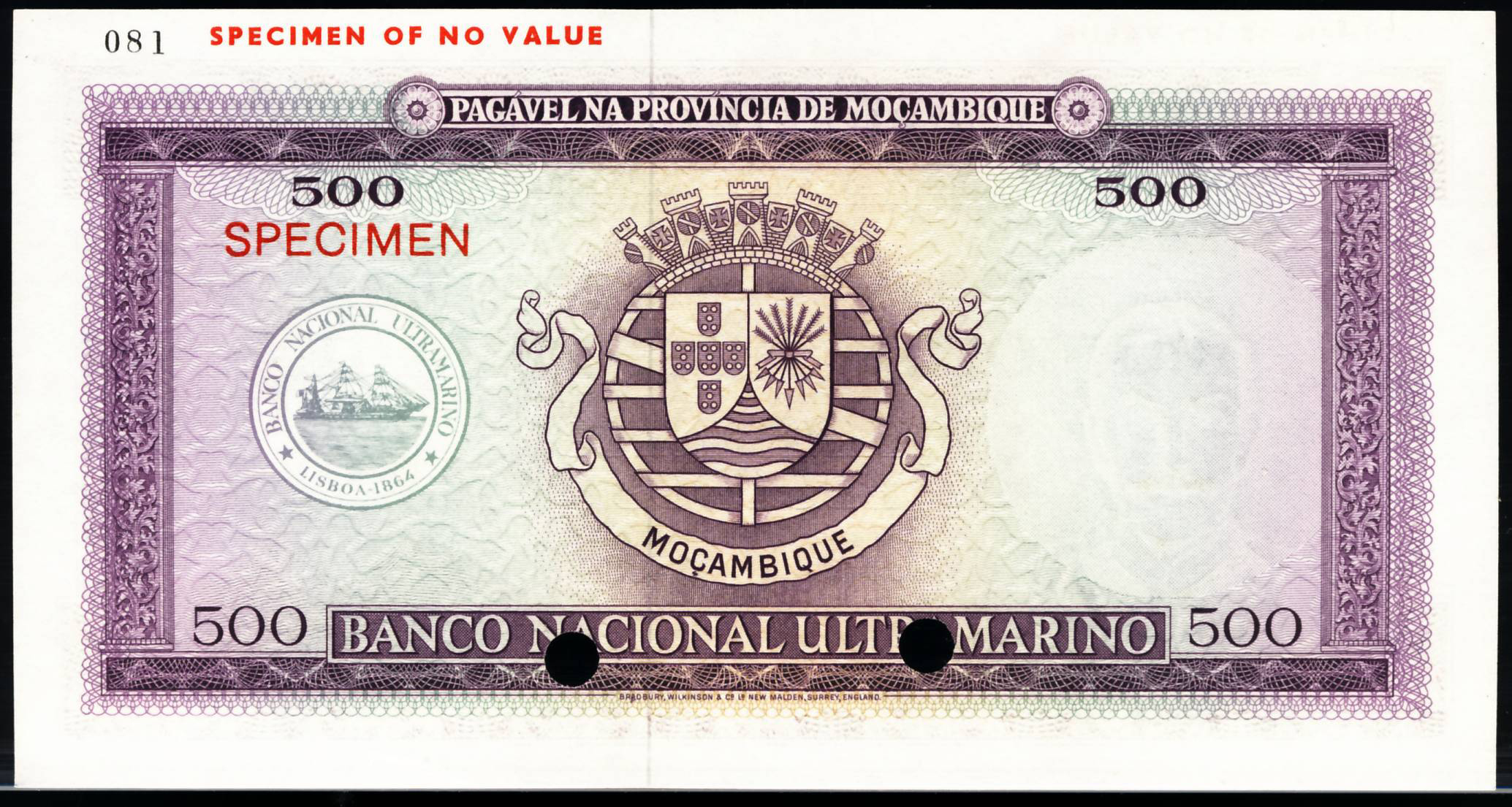  Horizontal red SPECIMEN ovpt front/back; horizontal red SPECIMEN OF NO VALUE ovpt upper left front/back; all-zero s/n 