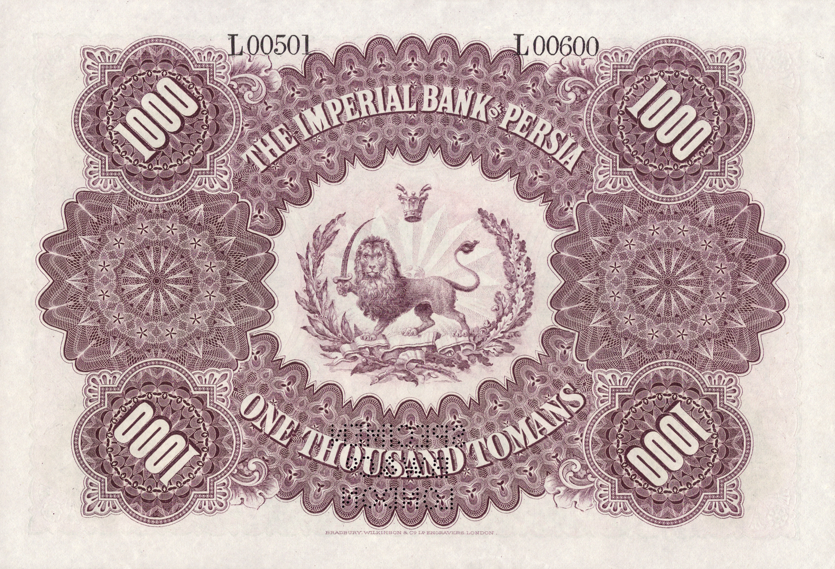  Horizontal SPECIMEN / BW&Co / LONDON perf; no date; no sig ; s/n range L 00501 - L 00600 