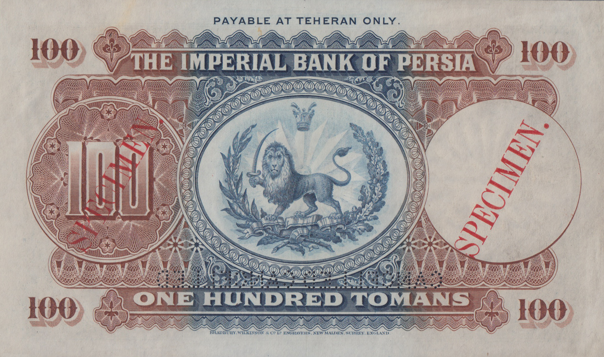  Diagonal red SPECIMEN ovpt front; two diagonal red SPECIMEN ovpts back; two horizontal CANCELLED perfs; no date; no sig ; no s/n; Payable at Teheran 