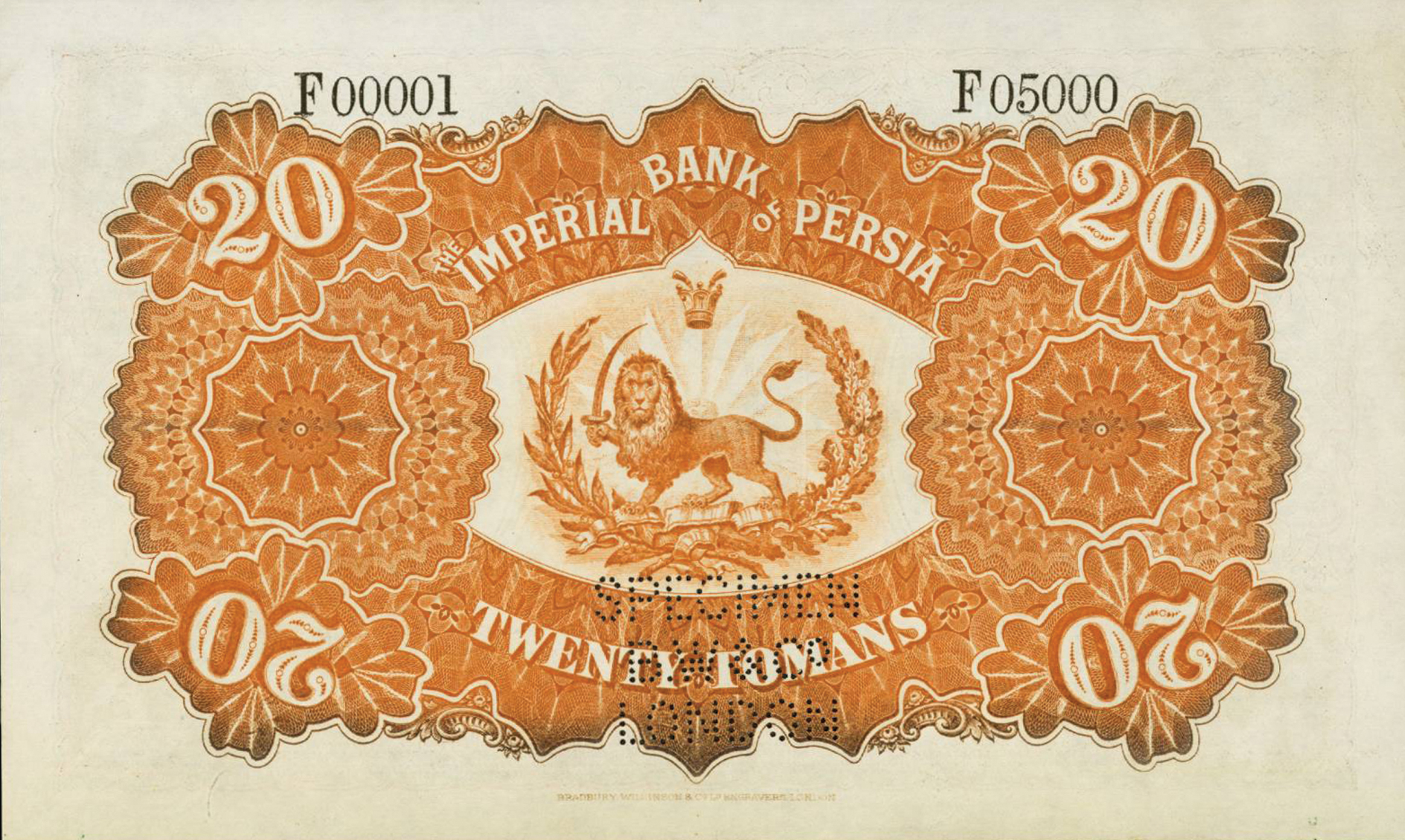  Horizontal SPECIMEN / BW&Co / LONDON perf; no date; no sig ; s/n range F 00001 - F 05000 