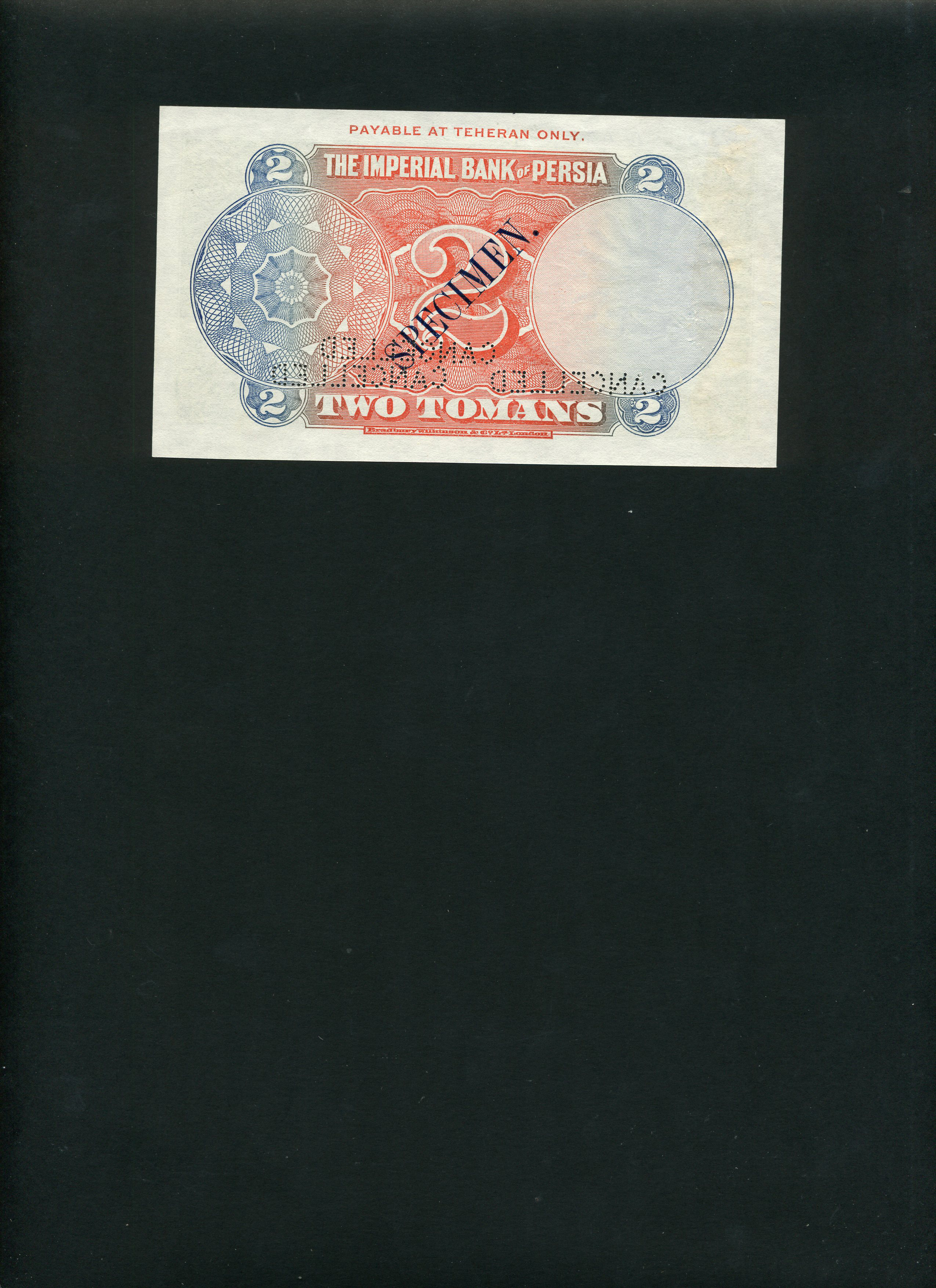 1.1.1924 Horizontal CANCELLED perfs; diagonal red SPECIMEN ovpt front; diagonal black SPECIMEN ovpt back; handwritten 1st Jan 1924; no s/n 