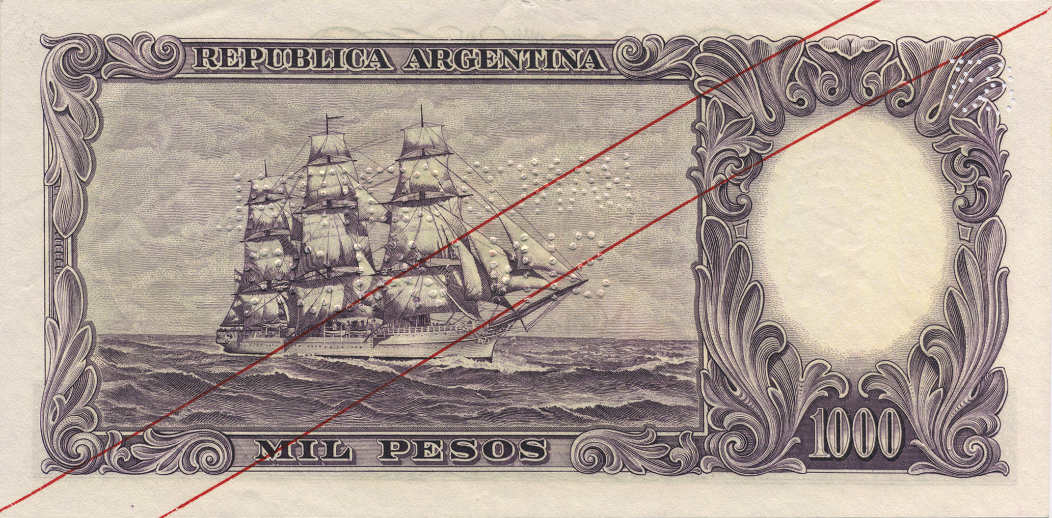  Diagonal red MUESTRA ovpt front; two diagonal lines back; horiztonal BANCO CENTRAL / SIN VALOR perf; all-zero s/n 