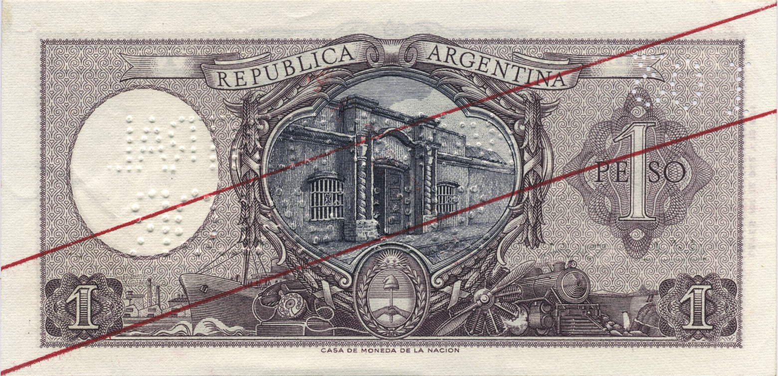  Diagonal red MUESTRA ovpt front; two diagonal red lines ovpt back; horizontal # / BANCO CENTRAL / SIN VALOR perf; all-zero s/n 