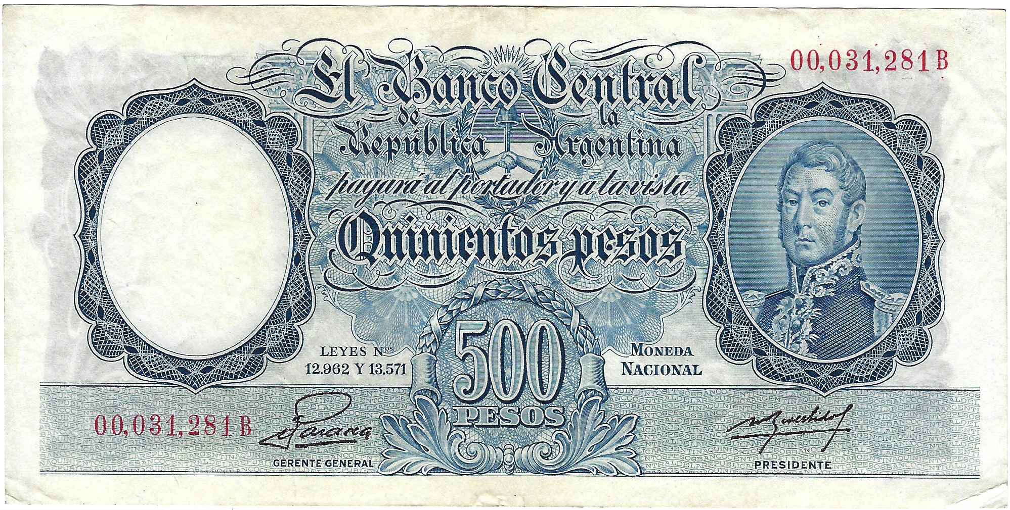  No date Serif s/n with comma separators Wmk: Manuel Belgrano Red prefix and s/n Sig 8: Palarea/Revestido Series B Intro: 1954 