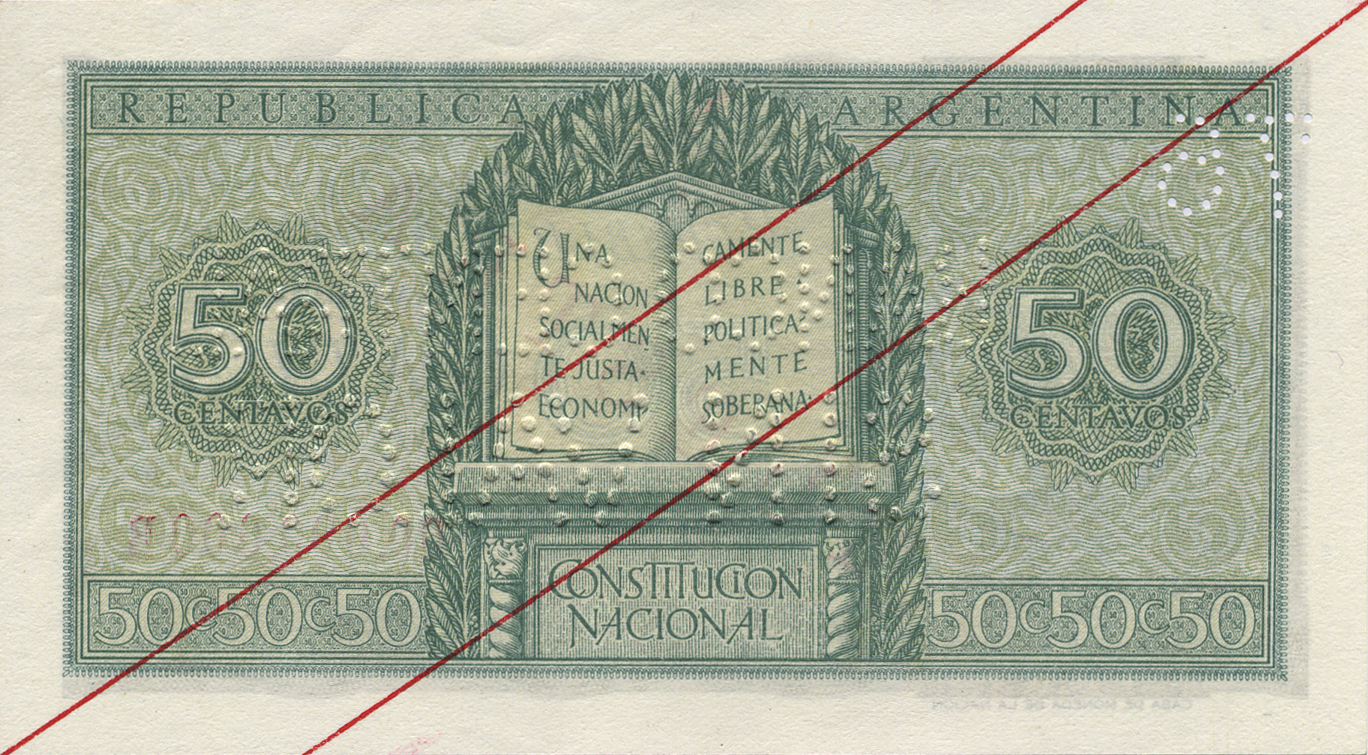  Diagonal red MUESTRA ovpt front; two diagonal red lines ovpt back; horizontal # / BANCO CENTRAL / SIN VALOR perf; all-zero s/n 