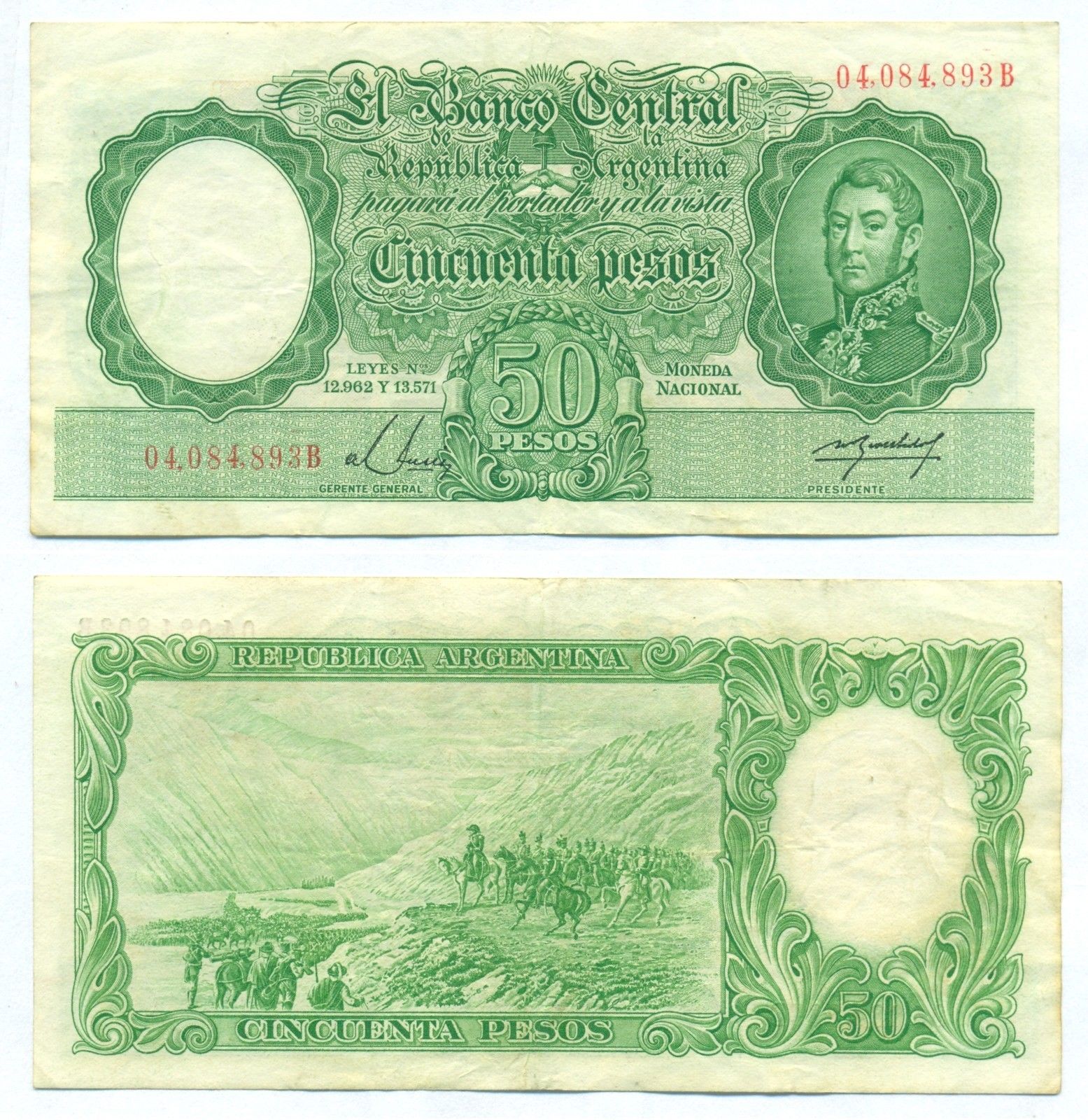  No date Intaglio front/back Wmk: Manuel Belgrano Red prefix and s/n Sig 9: Musis/Revestido Series B Intro: 1955 