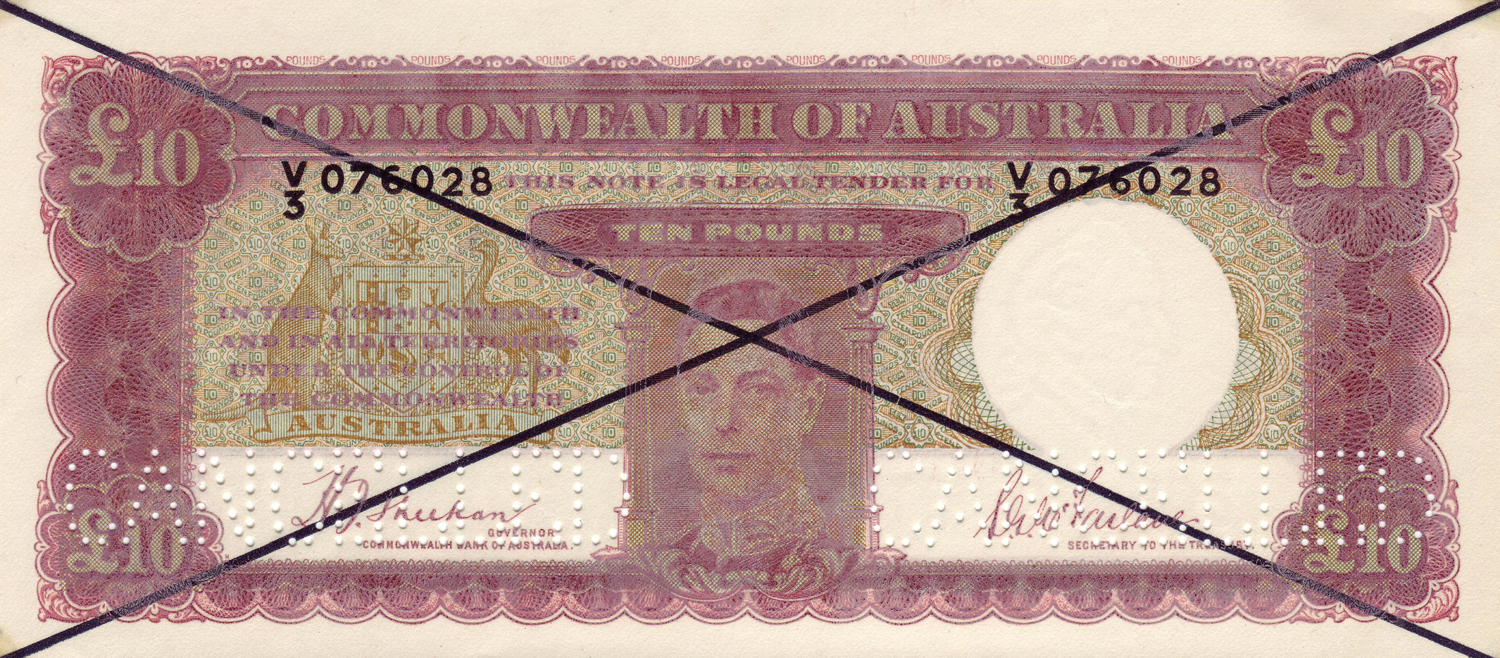  Large black X ovpt front/back; horizontal CANCELLED perf; normal s/n 