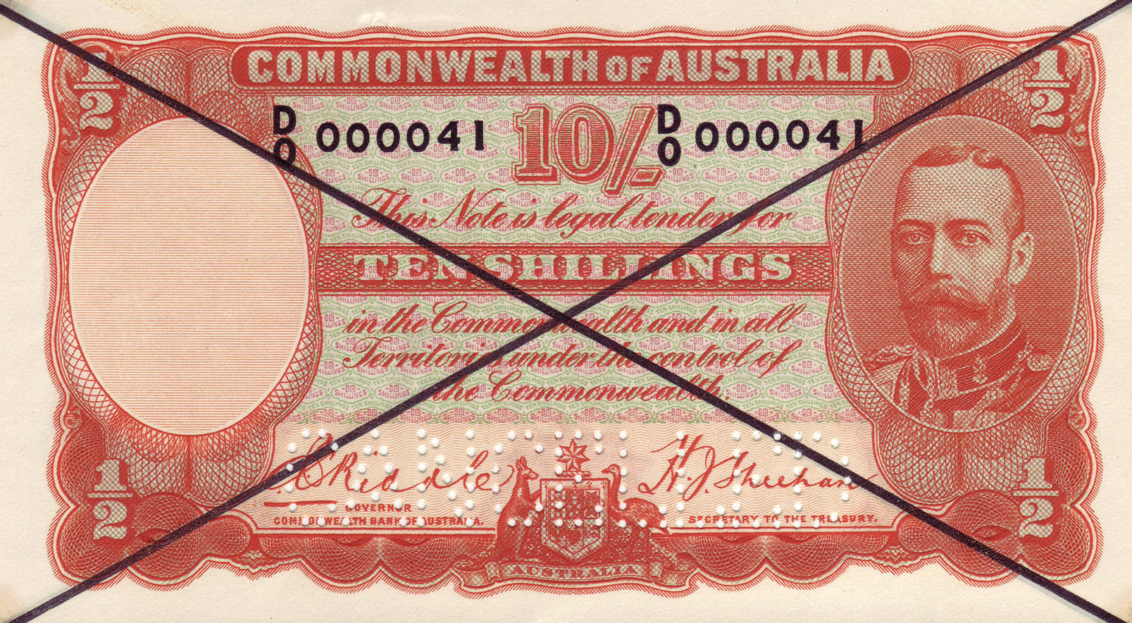  Large black X ovpt front/back; horizontal CANCELLED perf; normal s/n 