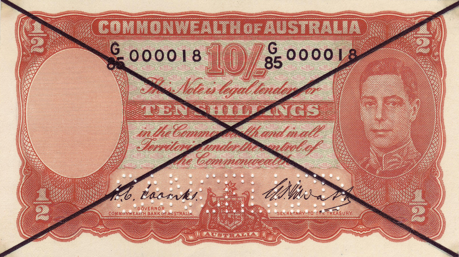  Large black X ovpt front/back; horizontal CANCELLED perf; normal s/n 