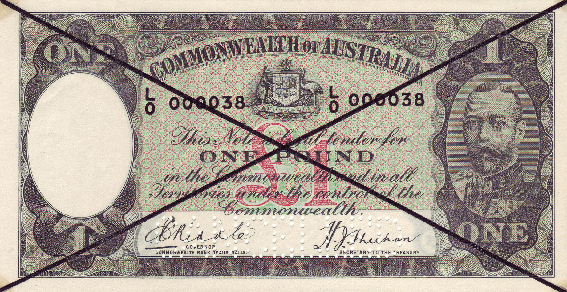  Large black X ovpt front/back; horizontal CANCELLED perf; normal s/n 