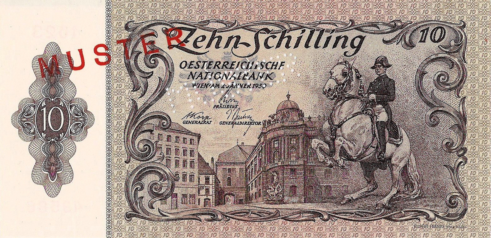  Diagonal red sans serif MUSTER ovpt front/back; diagonal MUSTER perf; normal s/n 