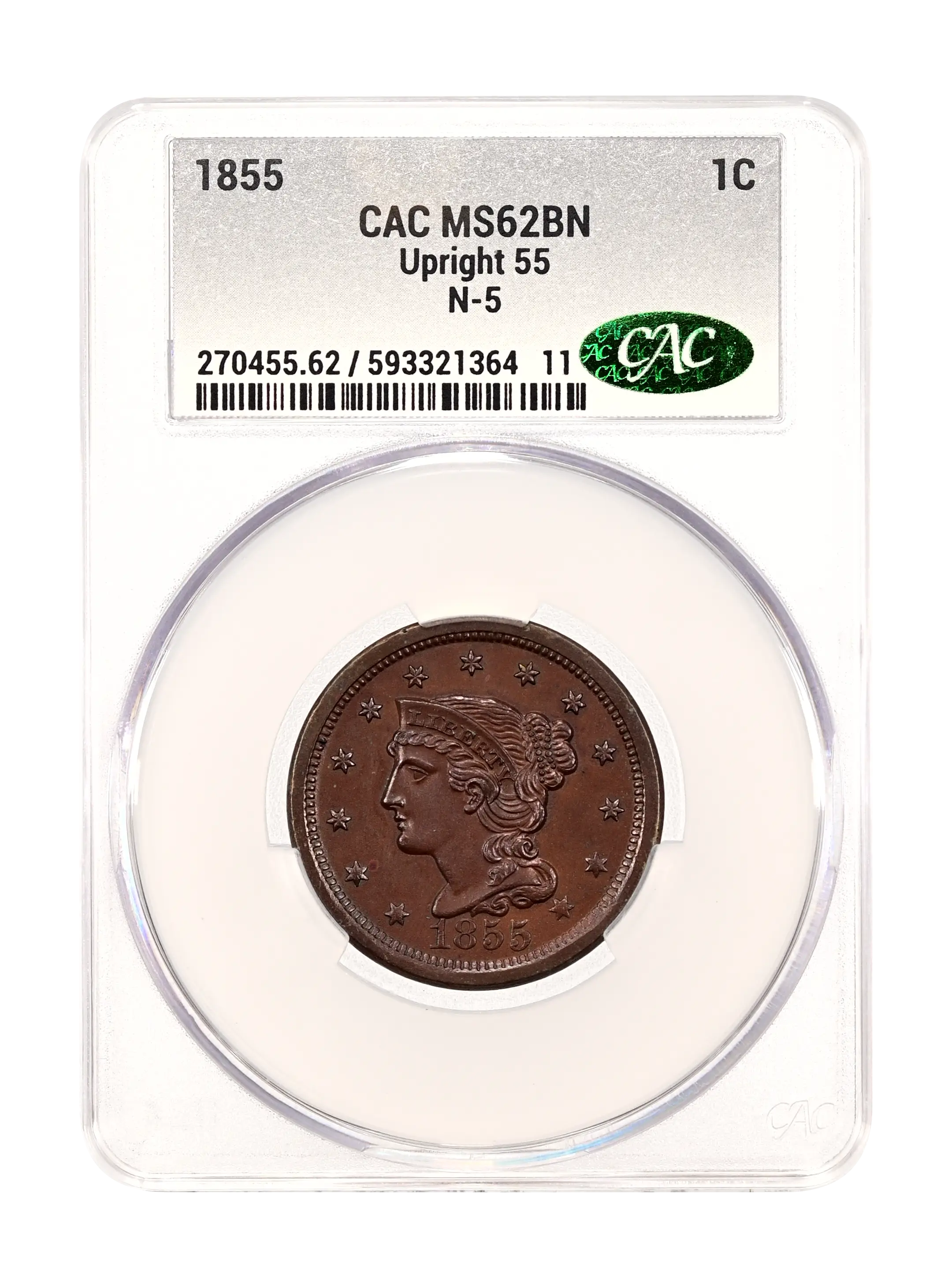 1855 1c Upright 55, N-5 MS BN