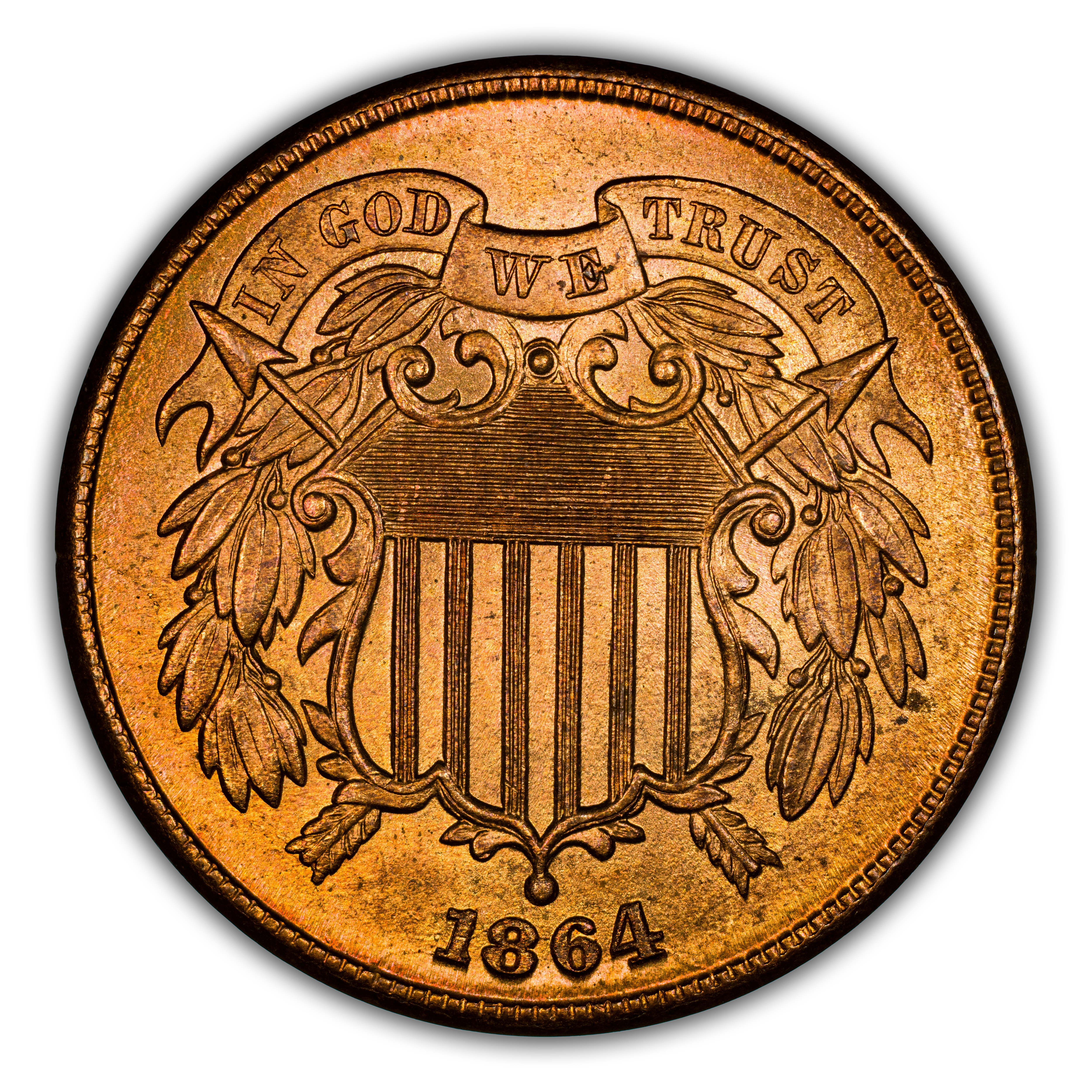 1864 2c Large Motto, Clash Indian Cent, FS-1901 MS RD