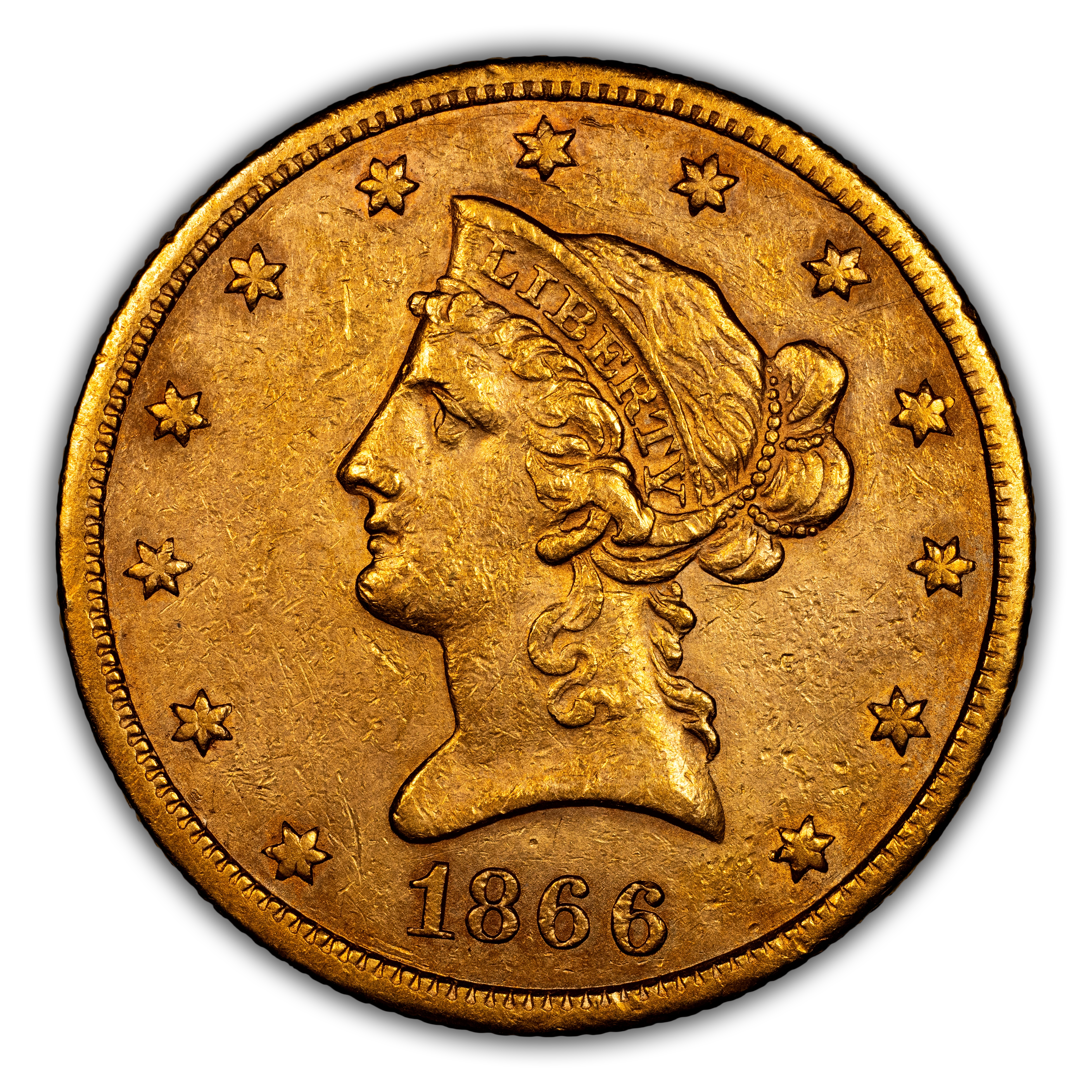 1866-S $10 No Motto MS