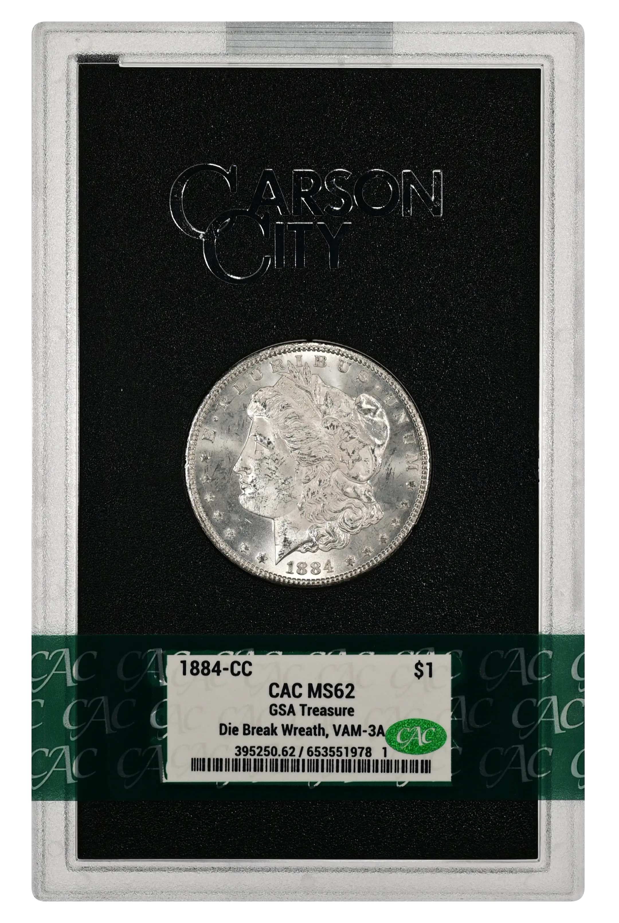 1884-CC $1  GSA Hoard, Die Break Left Wreath Top, VAM-3A MS thumbnail 9